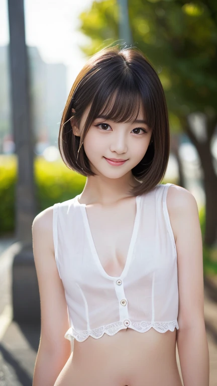 最high quality, table top, High resolution,18 years old wearing white camisole, 1 girl,very beautiful face,（Ultra-high definition image of an extremely beautiful face）（White camisole）hair ornaments,, gem diamond,realistic, New York night view、blur the background、,full body image,(high definition skin:1.2),Looking at camera with a smile,full body image 8K UHD, Digital single-lens reflex camera, in the soft and bright sunlight,high quality, volume lighting, Frank, photograph, High resolution,full body image,4K、Japanese college student、A sloppy smile、stand up straight、((((upper body photo)))),one person,short hair style、camisole