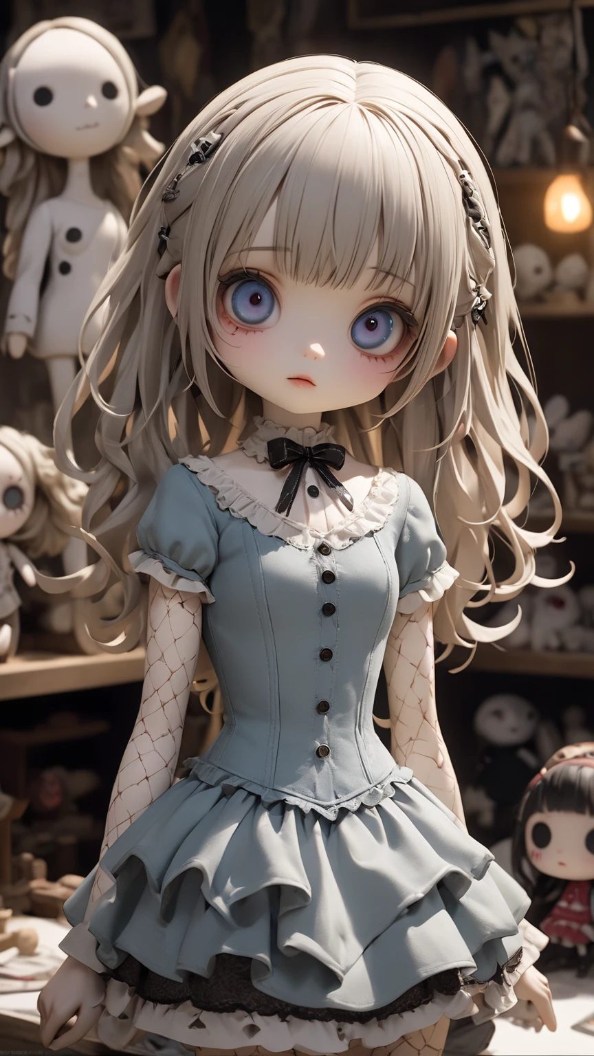 high definition, masterpiece, Anatomically Accurate  , Accurate,  top quality, high definition model, high detail,  girl's bisque doll、Tim Burton's style、ANATOMICALLY CORRECT, textured skin、movie scene、wonderland、 cartoon、 don't reveal your skin、 plush、Doll Workshop 、