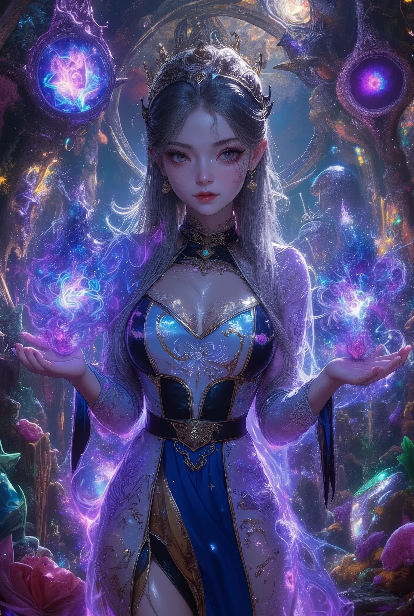 there is a full size siluette, transparent figure of the naked dark shadow ghost of a beautiful silver hair women with purple shining eyes and beautiful face dressed only in thin vail stand in the middle of the fields filled with purple poppies inviting someone by reacing her graceful hand, dark crescent moon shine behind her, illustration, high quality realistic anime art, beautiful spectral women,transparent ghost girl with cute face, purple aura around the ghost body, Lot of ilusorik batterflys fly around the women, full size body, realistic high quality face, high quality seductine face expression, 4k best quality, masterpiece, best quality 4k wallpapers