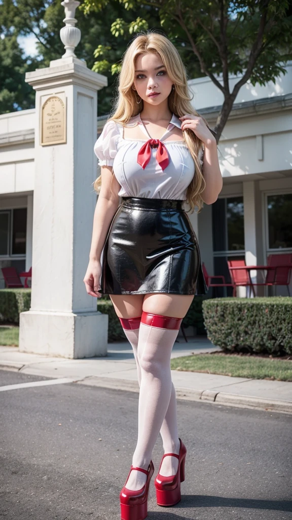 full body shot, blond woman in a short plaid skirt and red shirt, dressed as , hyperrealistic , thigh highs stocking, realistic , white stockings, cyber school girl, wearing headmistress uniform, outside, stiletto heels,(((full body))) , (((sexy pose, model pose, standing pose)))