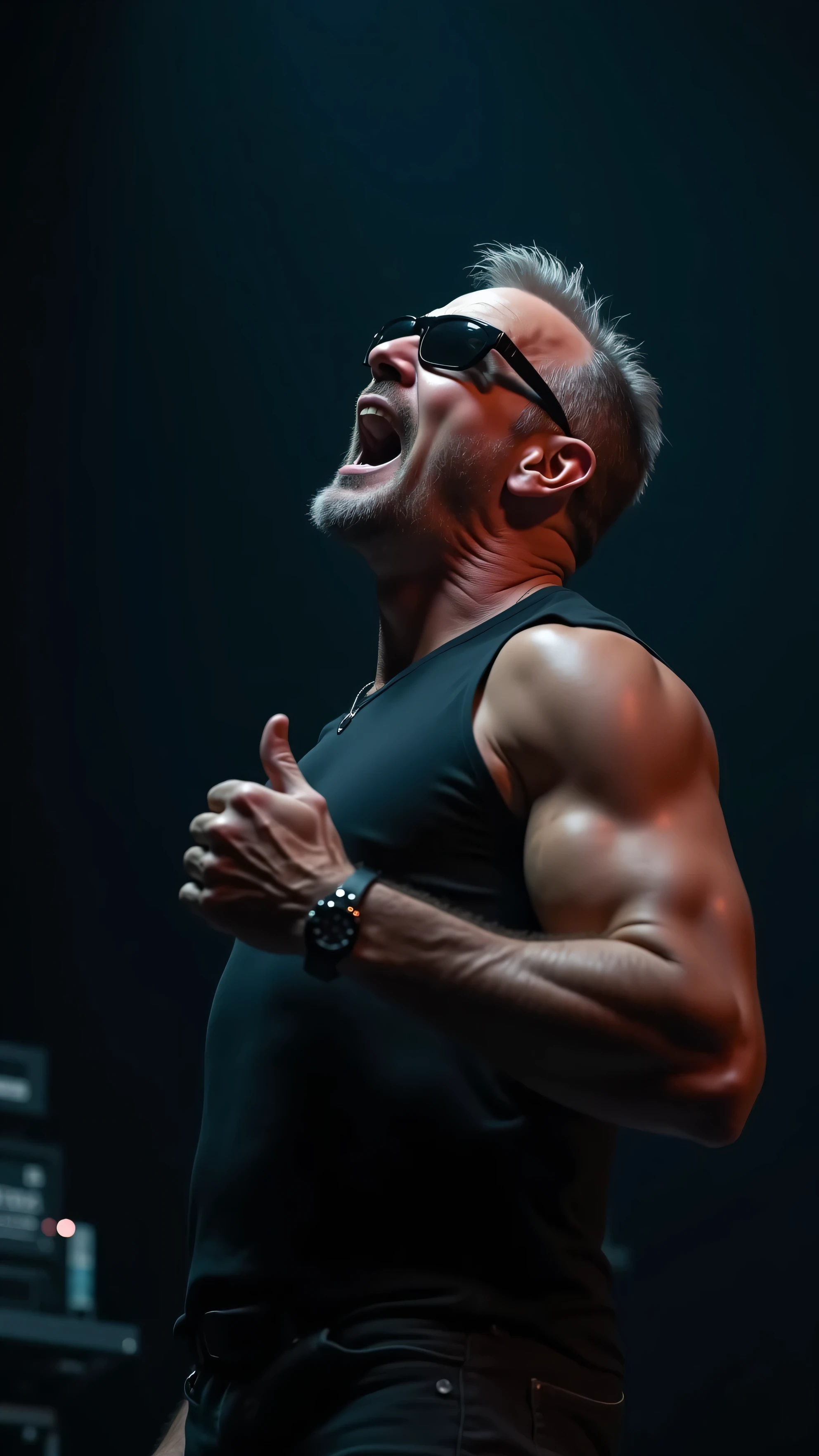 Handsome muscular bald man laughing flexing his arms, poseflex, armpits tickling, armpits tickling, armpits tickled by hands, a timer on the wall behind him, stage background,