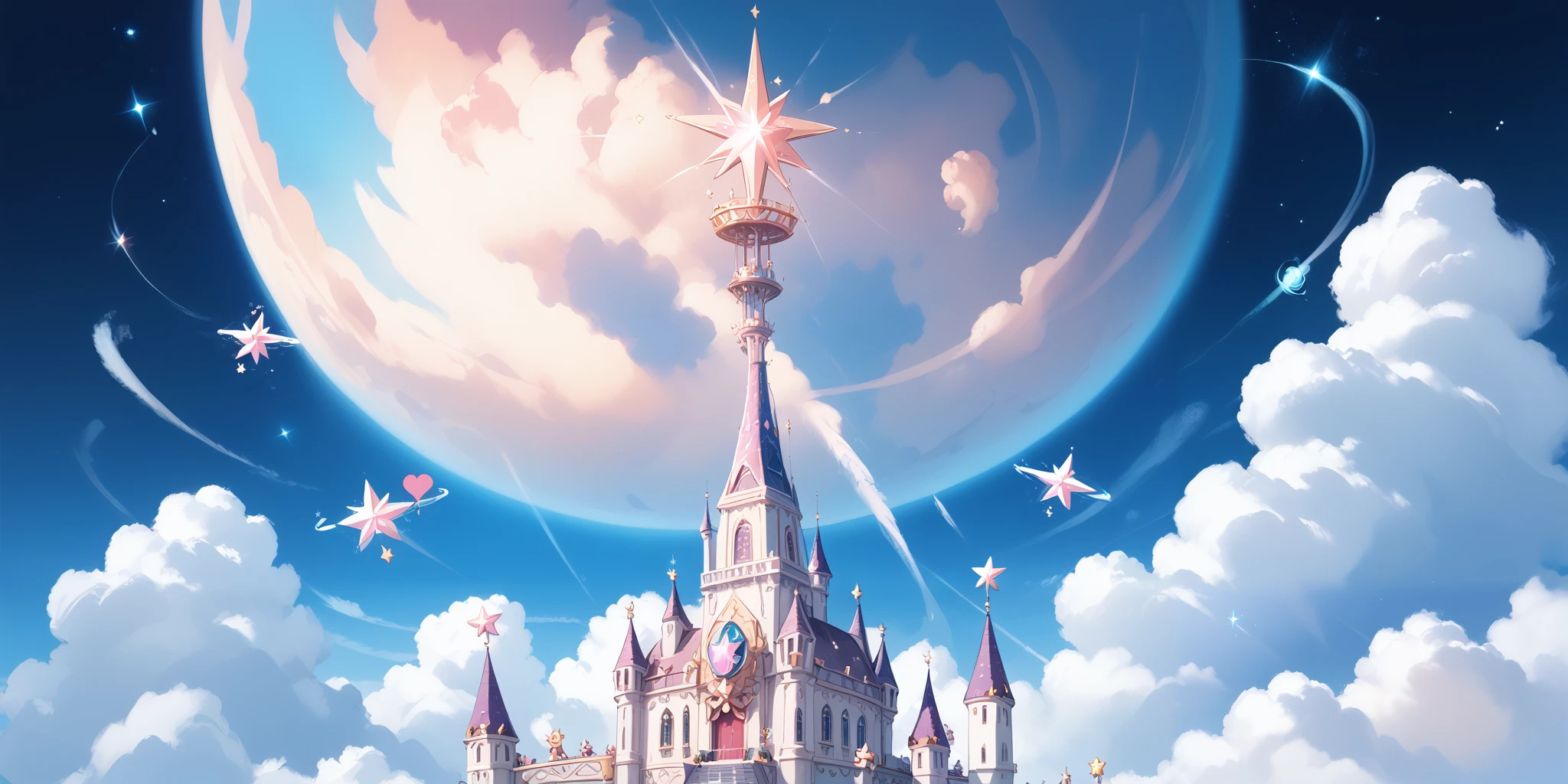 A grand magical tower surrounded by glowing runes and floating question marks. The setting is whimsical and enchanting, with a mix of stars and clouds.