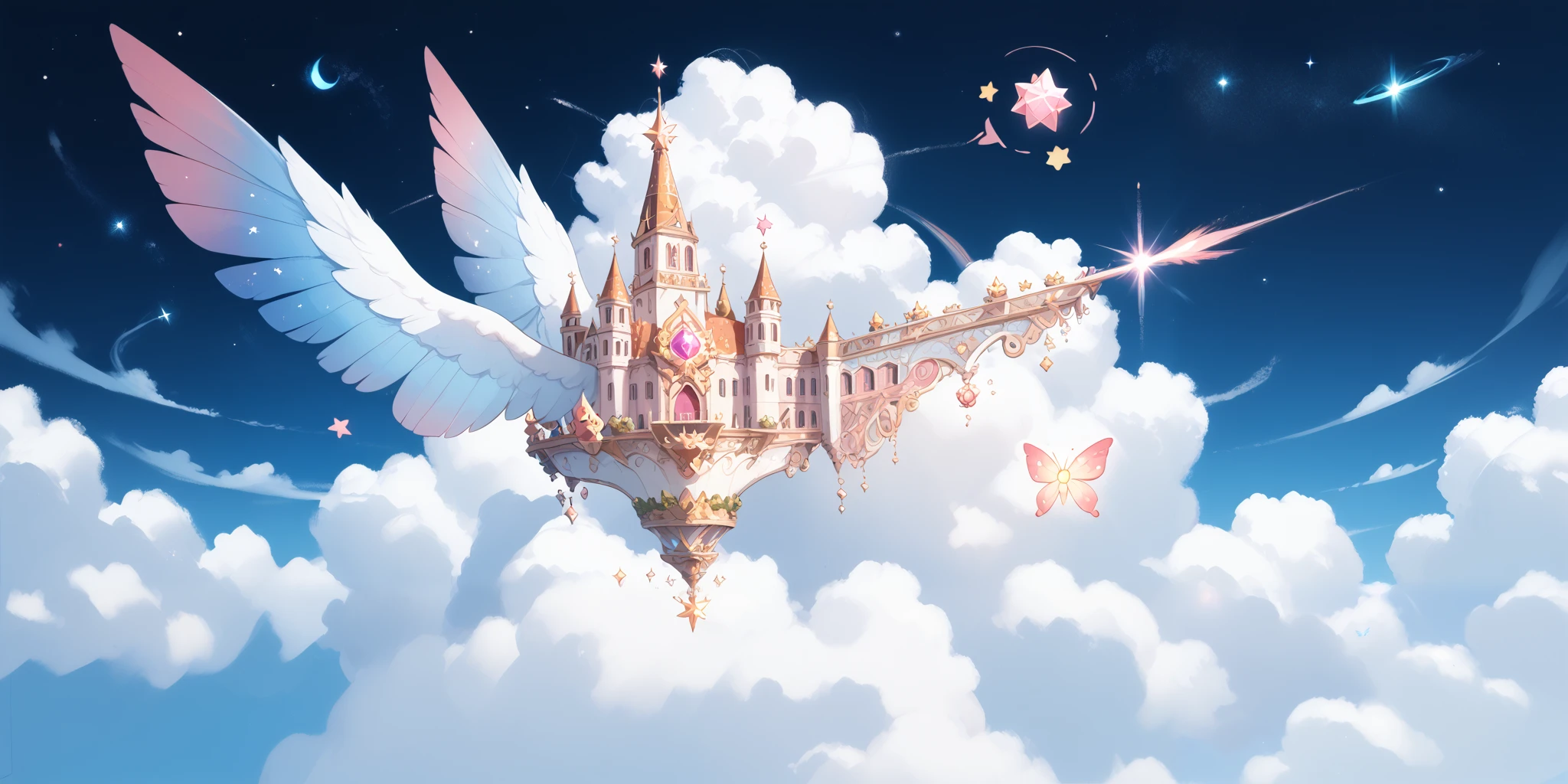 A grand magical tower surrounded by glowing runes and floating question marks. The setting is whimsical and enchanting, with a mix of stars and clouds.