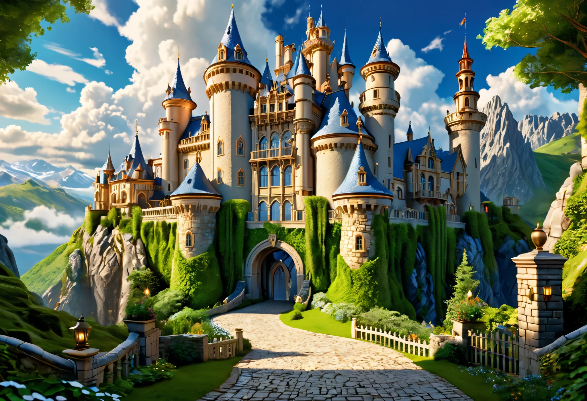 "A stunning, realistic depiction of a grand, fantasy-inspired castle nestled in a lush, mountainous landscape. The castle features intricate architectural details, including tall spires, domes, arched windows, and grand columns. The golden and sandstone tones of the building contrast beautifully with the vibrant green bushes, trees, and rocky terrain surrounding it. A winding cobblestone pathway leads up to the castle, adding depth and inviting exploration. The setting is illuminated by a bright, sunny day with a clear blue sky and soft, fluffy clouds. The style should emphasize ultra-realistic textures, dynamic lighting, and a cinematic atmosphere, creating a breathtaking and lifelike scene." Style: Ultra-realistic, highly detailed, cinematic, vibrant and colorful.