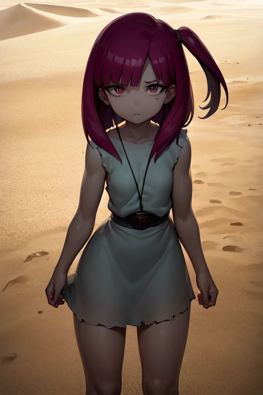 masterpiece, Highest quality, One girl, Morgiana Slave, Cowboy Shot, Torn Dress, dirty, Red eyes, One side up, Redhead, chain, sand漠の遺跡, sand漠の背景, sand, Disgust, View your viewers, View from below