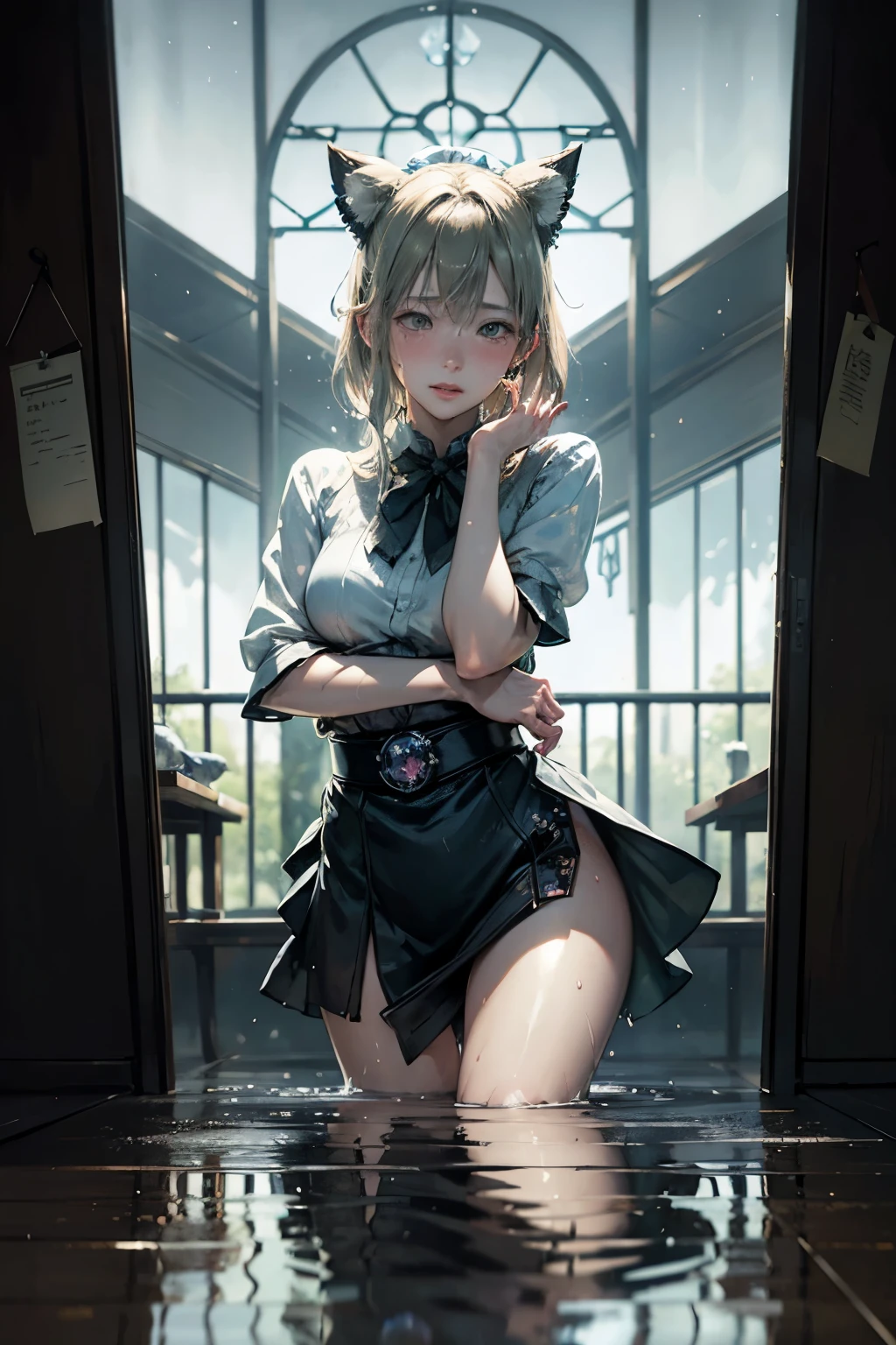 Arthur Rackham, Ai Yazawa, Robyn Kahukiwa, Margaret Macdonald Mackintosh, Kei Toume, Surrealism, mysterious, bizarre, fantastical, fantasy, Sci-fi, Japanese anime, mirrored blonde miniskirt beautiful girl Alice, perfect voluminous body, reflection reversal, reflection, refraction, transmission, behind the mirror, detailed masterpiece Shy wet sweating embarrassed cute blushing wet looking at viewer hyper realistic happy show off body dynamic action poses