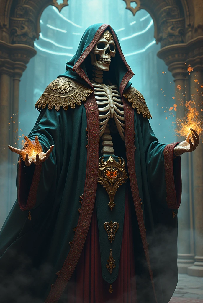 (medium full shot) of (ancient lich) with blue eyes, wearing a crimson red enchanted tunic, enchanted pants, enchanted shoes, clutching a dark tome with chains, surrounded by surrounded by a sinister aura, set in a dimly lit crypt, with ancient stone sarcophagi and the faint smell of decay, where silence reigns supreme, ,Masterpiece,best quality, raw photo, realistic, very aesthetic