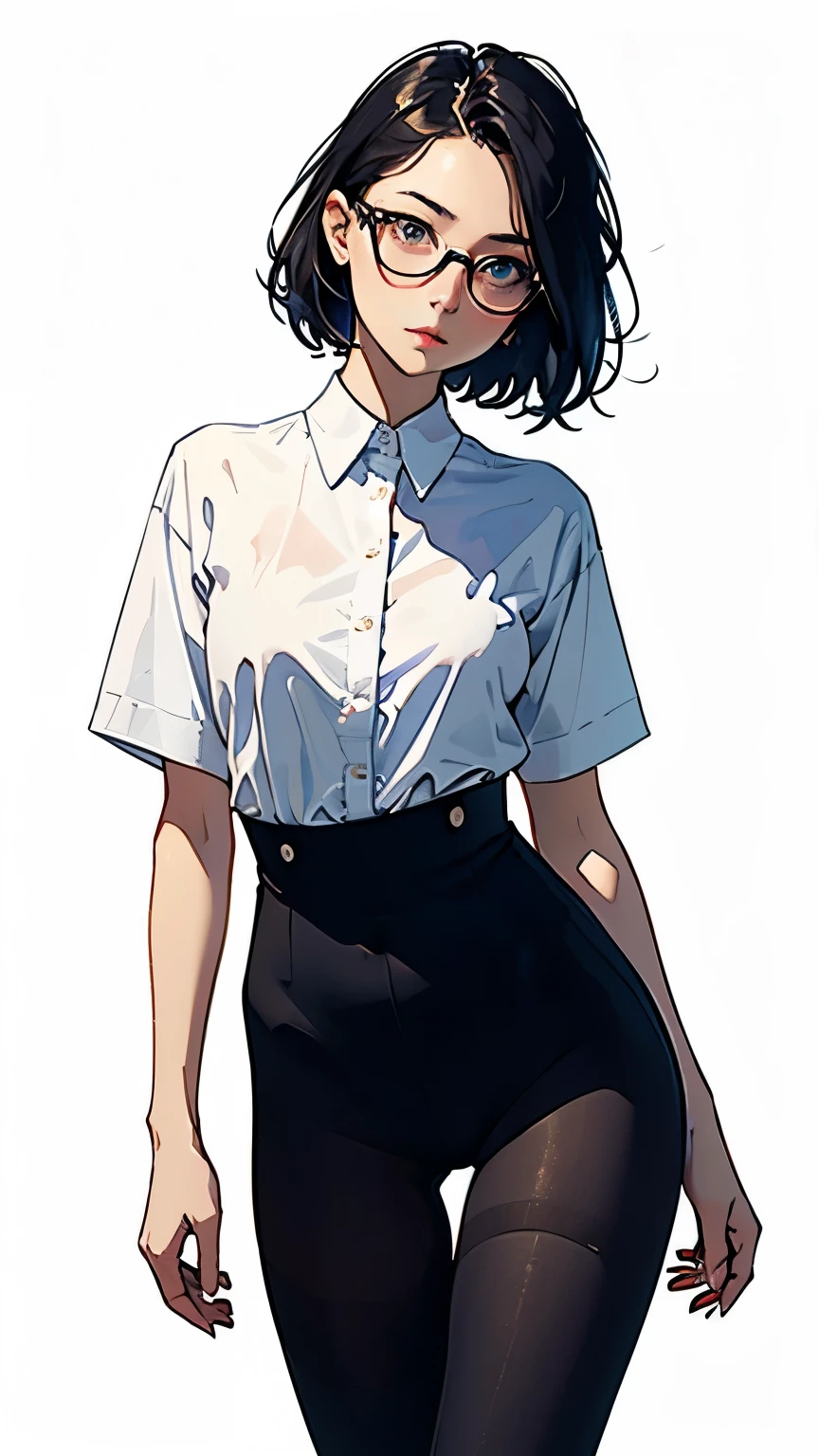 ((highest quality, 8K, masterpiece: 1.3, RAW photo)), sharp focus: 1.2, (alone), (1 Aespa Girl: 1.2), (realistic, realistic: 1.37), (face focus: 1.1), cute face, small breasts, flat chest, messy short hair, (wet and transparent shirt: 1.1), Beautiful woman standing in the city under the light of a lamp, cinematic lighting, thigh, Chiffon panties,(((white background)))