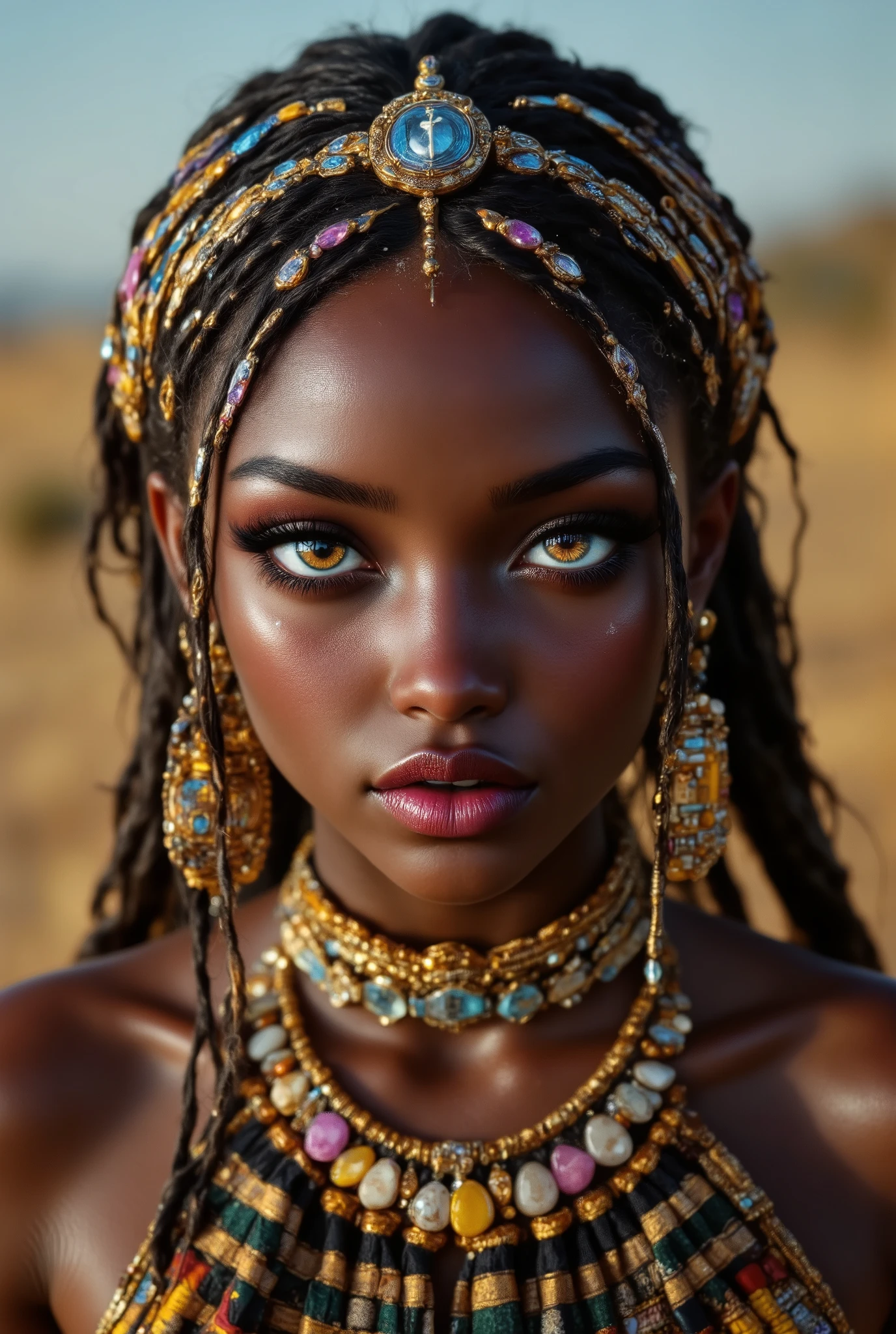 ( highdefinition images、Pro Work 、Artistic、 The Greatest Masterpiece、 Draw realistically and accurately with detailed details、 Detailed texture :1.2)、(Beautiful 17--old ck girl 、 braided hair in the savannah 、(Wearing national costume、 Colorful Accessories、Sexy and attractive black people、The eye invites )、Small chin、 big eyes、 Feeling slightly apart between eyes 、( big eyes)、Beautiful Nose、Thick lips、(Beautiful dark skin 、 express the texture of the skin in detail down to the pores )、(( and look up your profile、 African folk costumes and accessories)):1.5)