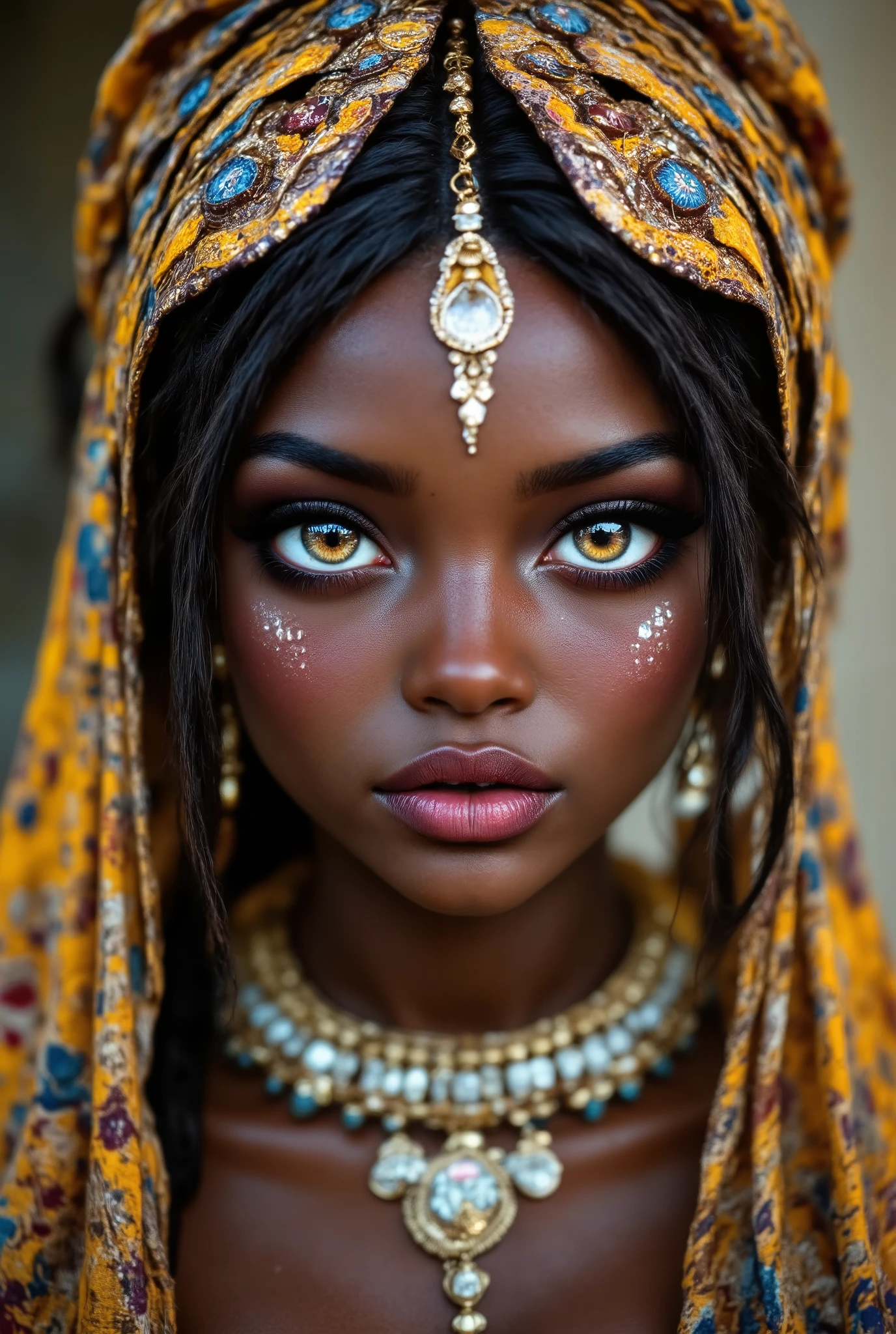 ( highdefinition images、Pro Work 、Artistic、 The Greatest Masterpiece、 Draw realistically and accurately with detailed details、 Detailed texture :1.2)、(Beautiful 17--old ck girl 、 braided hair in the savannah 、(Wearing national costume、 Colorful Accessories、Sexy and attractive black people、The eye invites )、Small chin、 big eyes、 Feeling slightly apart between eyes 、( big eyes)、Beautiful Nose、Thick lips、(Beautiful dark skin 、 express the texture of the skin in detail down to the pores )、(( and look up your profile、 African folk costumes and accessories)):1.5)