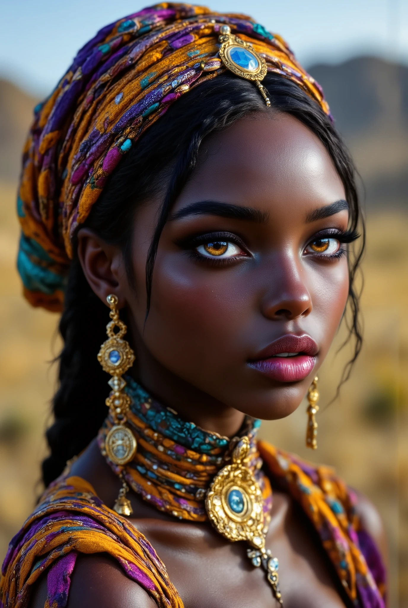 （ highdefinition images、Pro Work 、Artistic、 The Greatest Masterpiece、 Draw realistically and accurately with detailed details、 Detailed texture :1.2）、（Beautiful １7--old ck girl 、 braided hair in the savannah 、(Wearing national costume、 Colorful Accessories、Sexy and attractive black people、The eye invites )、Small chin、 big eyes、 Feeling slightly apart between eyes 、（ big eyes）、Beautiful Nose、Thick lips、（Beautiful dark skin 、 express the texture of the skin in detail down to the pores ）、((Beautiful profile up、 African folk costumes and accessories)):1.5）