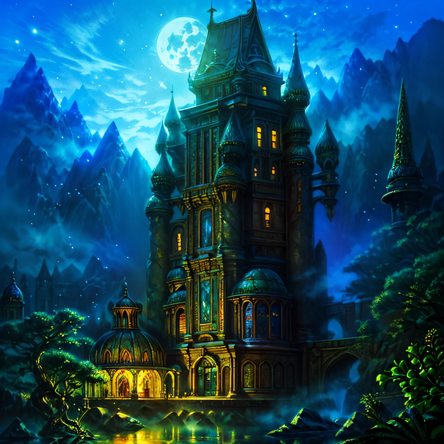 Elf Town, Spiderweb Buildings , Mushroom Architecture , Moonlit Landscape, Blue light, Magical Atmosphere , Mysterious Aura , celestial beauty, Magical Atmosphere , campfire , Delicate craftsmanship, Surreal appeal , Elf Elegance , Natural materials, Magnificent structures, Moon Reflection, Sparkling Nets , Sparkling Fungi , Soothing Sparkle , magical forest , Whimsical Design, Fantastic Illuminations , Quiet environment, Elf Crafts , dreamy scenery , Surreal Architecture , Mystical elements, Immersive Environments, Magical Streetscapes , Fascinating views, Moonlit City, Heavenly brilliance, Fascinating Atmosphere , Quiet Moonlight , Fantasy World , Elven Realm , Architectural wonders, Fascinating Aesthetics , Sublime elegance, Magical Shelters , Mysterious glow, Whimsical Charm