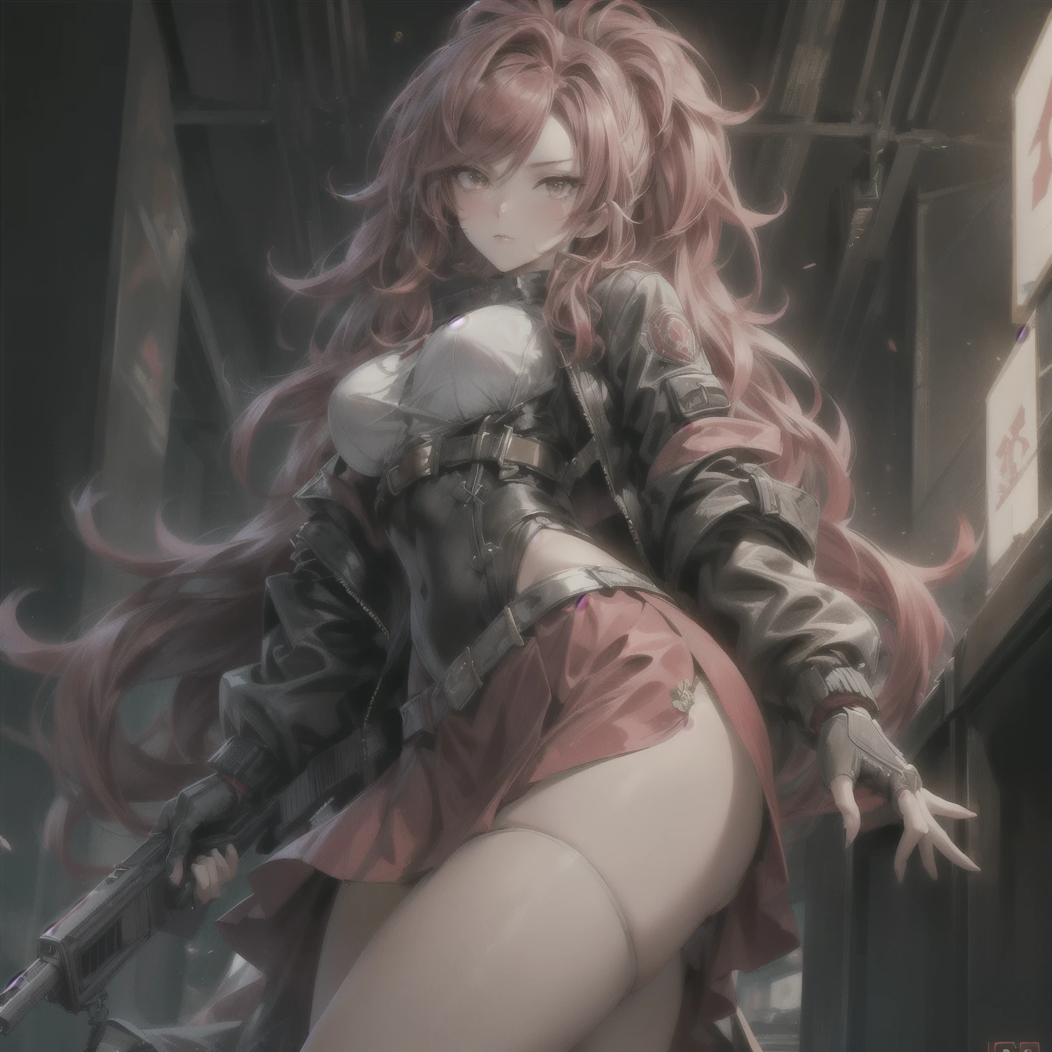 ((best quality)), ((Masterpiece)), ((Enrich the picture，Masterpiece level quality)), ultra background details, an image of a beautiful cyberpunk woman, mature woman, fierce woman, police uniform, police helmet, (( long hair, red hair)), golden eyes, bunker, sexy mini black skirt, jacket