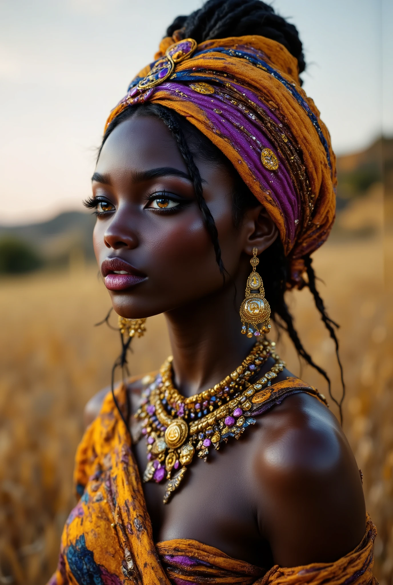 ( highdefinition images、Pro Work 、Artistic、 The Greatest Masterpiece、 Draw realistically and accurately with detailed details、 Detailed texture :1.2)、(Beautiful 17--old ck girl 、 braided hair in the savannah 、(Wearing national costume、 Colorful Accessories、Sexy and attractive black people、The eye invites )、Small chin、 big eyes、 Feeling slightly apart between eyes 、( big eyes)、Beautiful Nose、Thick lips、(Beautiful dark skin 、 express the texture of the skin in detail down to the pores )、((Beautiful profile up、 African folk costumes and accessories)):1.5)