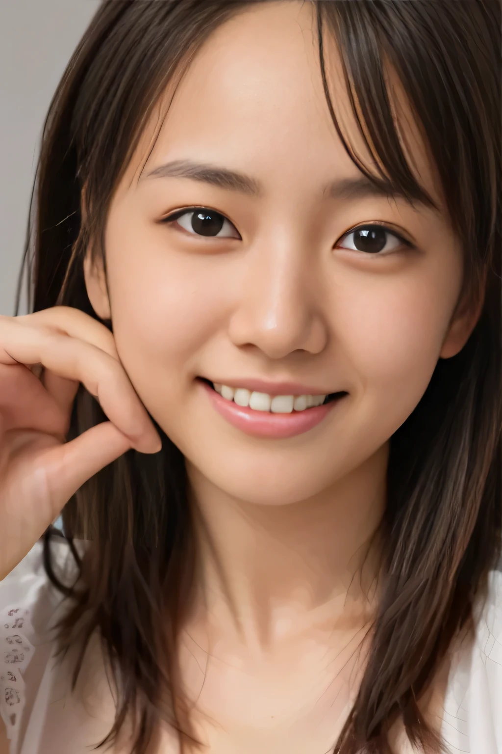 (Masterpiece, best quality , Complete anatomy, high resolution, 8k, realistic , photo realistic , natural skin texture , without makeup:1.2), 1 girl , alone, Japanese , , female middlevery cute, is a smiling face, ( Small breasts:1.6), (perfect figure1.2), One girl , and intimate ,(8k, RAW photos , best quality , high resolution: 1.1), (Ultra Genuine: 1.4), (Genuine, Genuine: 1.3), masterpiece, Ultra high resolution, (Genuine: 1.4), RAW photos , realistic skin, very detailed on trends, Complete anatomy, very detailed on trends skin, Physically Based Rendering, looking at the camera, cute Japanese girl , double eyelid, Droopy eyes, An innocent face , cute pose, girl , ((whole body photo)), ((( girl : 1.4))), ((( very small breasts : 1.6))),((( flat chest:1.4))),(Clear, light brown areolas), (Thin legs),(Small Ass),( slender body, small) cute face, black hair up to the shoulder , ( don't cover your forehead with bangs), In the bedroom, wide open legs, Crouching, whole body, Thin, see-through, white, short dress, nightgown only