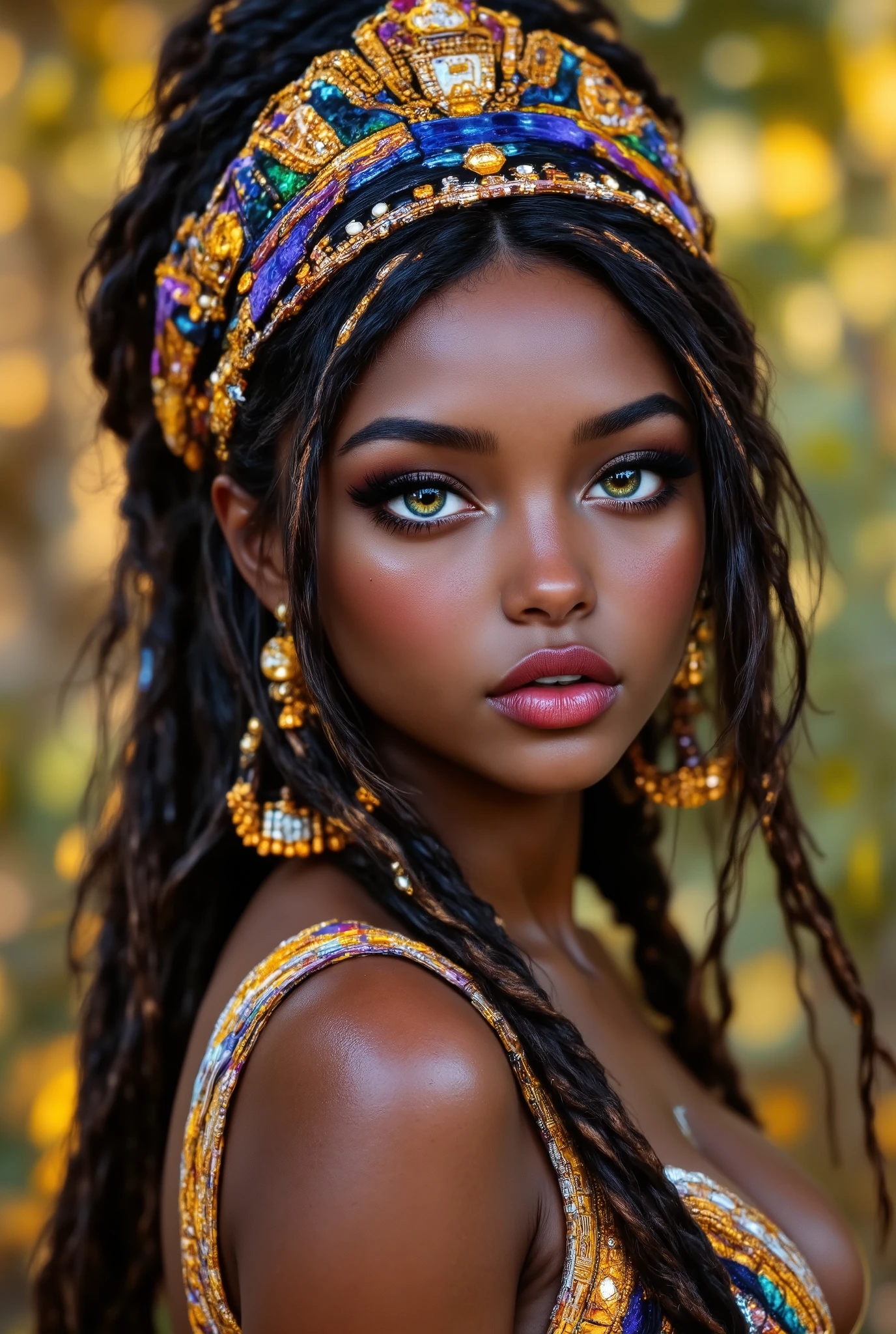 ( highdefinition images、Pro Work 、Artistic、 The Greatest Masterpiece、 Draw realistically and accurately with detailed details、 Detailed texture :1.2)、(Beautiful 17--old ck girl 、 braided hair in the savannah 、(Wearing national costume、 Colorful Accessories、Sexy and attractive black people、The eye invites )、Small chin、 big eyes、 Feeling slightly apart between eyes 、( big eyes)、Beautiful Nose、Thick lips、(Beautiful dark skin 、 express the texture of the skin in detail down to the pores )、(( and look up your profile、 African folk costumes and accessories)):1.5)