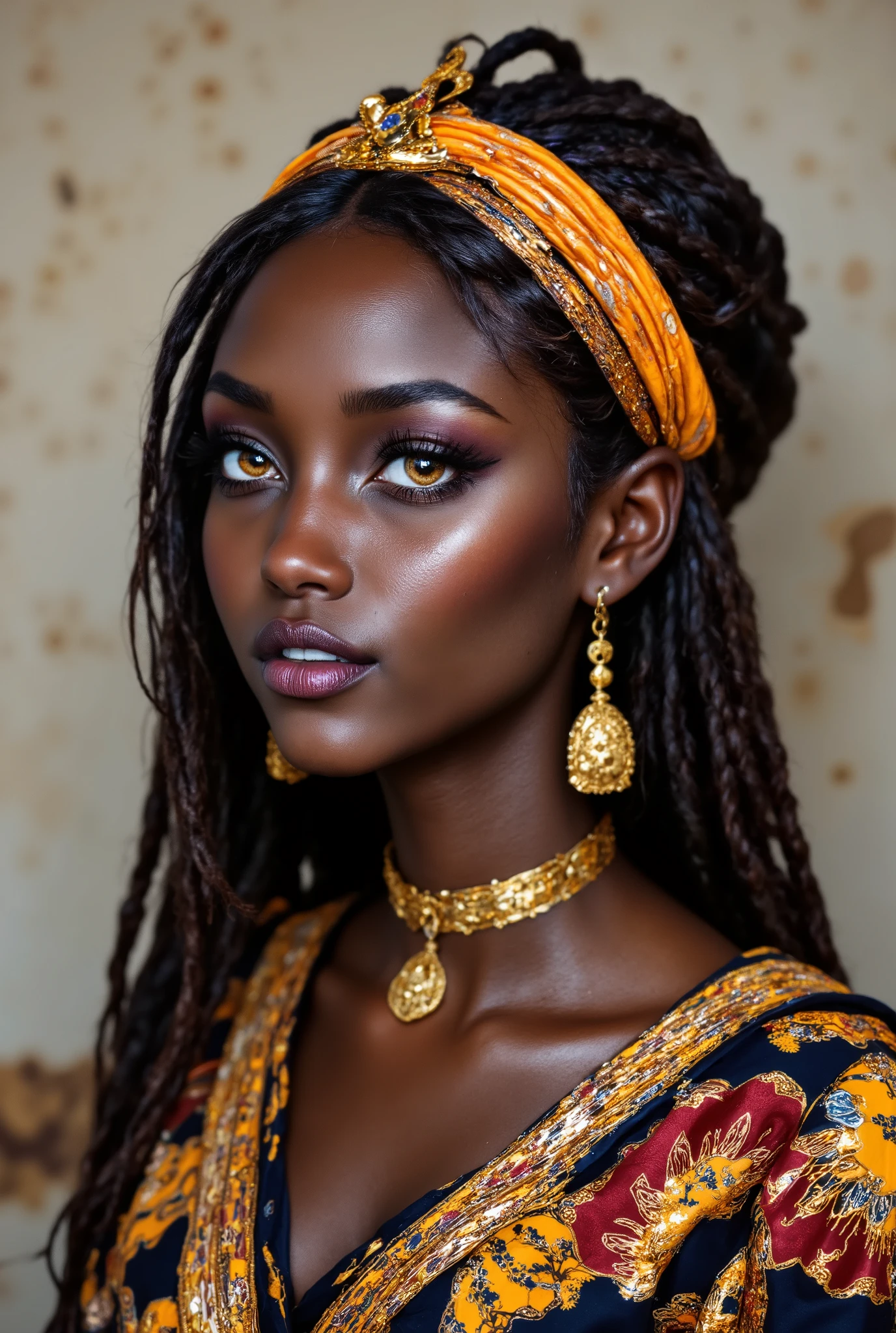 ( highdefinition images、Pro Work 、Artistic、 The Greatest Masterpiece、 Draw realistically and accurately with detailed details、 Detailed texture :1.2)、(Beautiful 17--old ck girl 、 braided hair in the savannah 、(Wearing national costume、 Colorful Accessories、Sexy and attractive black people、The eye invites )、Small chin、 big eyes、 Feeling slightly apart between eyes 、( big eyes)、Beautiful Nose、Thick lips、(Beautiful dark skin 、 express the texture of the skin in detail down to the pores )、((Beautiful profile up、 African folk costumes and accessories)):1.5)