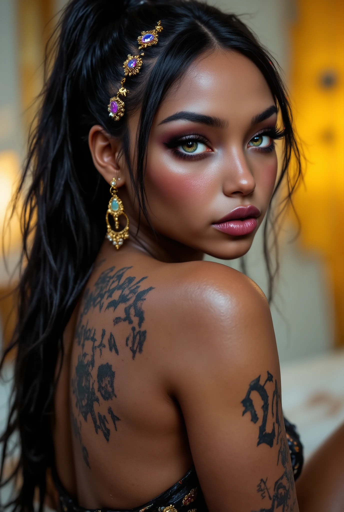 ( highdefinition images、Pro Work 、Artistic、 The Greatest Masterpiece、 Draw realistically and accurately with detailed details、 Detailed texture :1.2)、( beautiful17--old ck girl 、 beautiful編み込みの長い髪、colorful hair ornaments on the hair 、Sexy and attractive black people、The eye invites )、Small chin、 big eyes、 Feeling slightly apart between eyes 、( big eyes)、 beautiful鼻、Thick lips、(漆黒の beautiful肌、 express the texture of the skin in detail down to the pores )、((Upper body seen from the side 、 vivid tattoos on shoulders and arms、Earrings that shine on the ears and nose 、 accessories)):1.5)