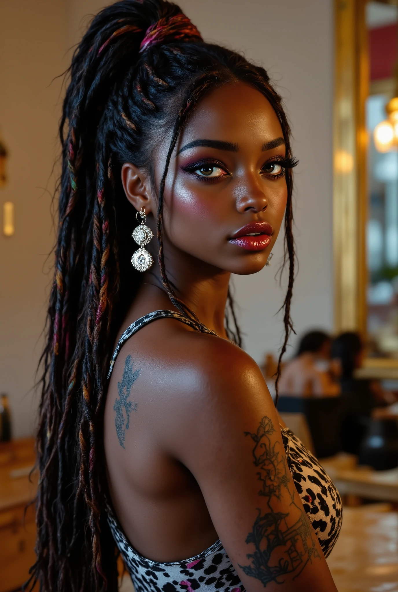 ( highdefinition images、Pro Work 、Artistic、 The Greatest Masterpiece、 Draw realistically and accurately with detailed details、 Detailed texture :1.2)、( beautiful17--old ck girl 、 beautiful編み込みの長い髪、colorful hair ornaments on the hair 、Sexy and attractive black people、The eye invites )、Small chin、 big eyes、 Feeling slightly apart between eyes 、( big eyes)、 beautiful鼻、Thick lips、(漆黒の beautiful肌、 express the texture of the skin in detail down to the pores 、Leopard print tank top)、((Upper body seen from the side 、 vivid tattoos on shoulders and arms、Earrings that shine on the ears and nose 、 accessories)):1.5)