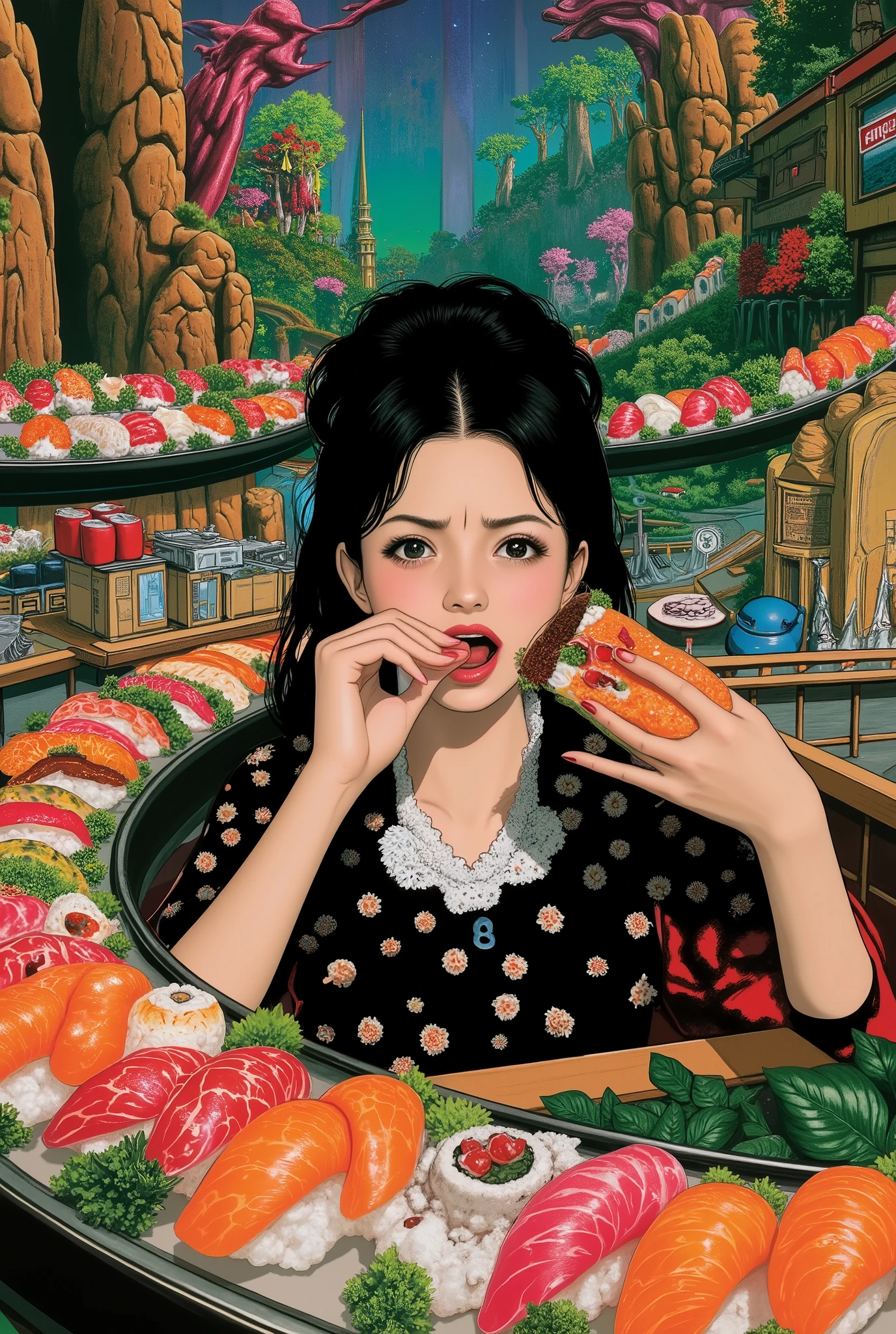 Magical Dreamland, Kazuo Umezu's manga , Magical Country Where You Can Endlessly Eat Sushi Made by Magic, Sushi on a Sushi Conveyor Next 々The , A Woman Desperately Eats Sushi