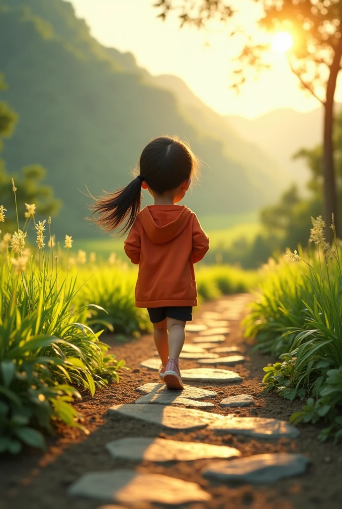 A young child squats down on the roadside and reaches for a flower.