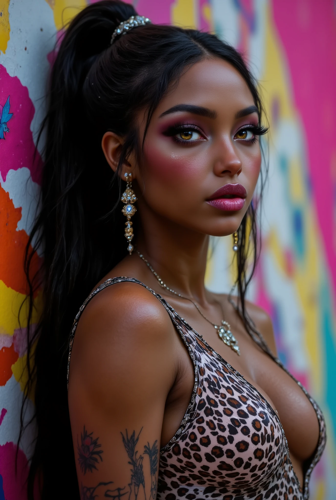 （ highdefinition images、Pro Work 、Artistic、 The Greatest Masterpiece、 Draw realistically and accurately with detailed details、 Detailed texture :1.2）、（ beautiful１7--old ck girl 、 beautiful編み込みの長い髪、colorful hair ornaments on the hair 、Sexy and attractive black people、The eye invites )、Small chin、 big eyes、 Feeling slightly apart between eyes 、（ big eyes）、 beautiful鼻、Thick lips、（漆黒の beautiful肌、 express the texture of the skin in detail down to the pores 、Leopard print tank top）、((Upper body seen from the side 、 vivid tattoos on shoulders and arms、Earrings that shine on the ears and nose 、 accessories)):1.5）