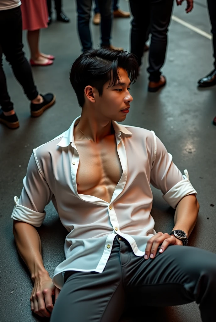 handsome young man,Take off your shirt.,Cyberpunk shorts,Asian people,teenager, Skinny body,no chest muscles, cyberpunk room backdrop