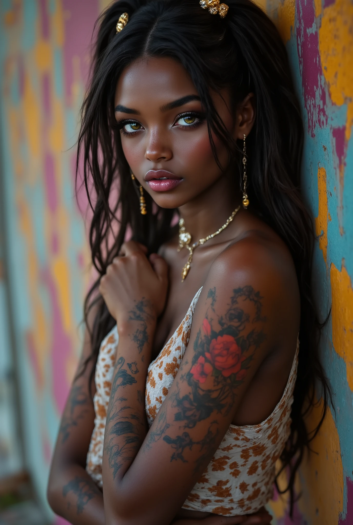 ( highdefinition images、Pro Work 、Artistic、 The Greatest Masterpiece、 Draw realistically and accurately with detailed details、 Detailed texture :1.2)、( beautiful17--old ck girl 、 beautiful編み込みの長い髪、colorful hair ornaments on the hair 、Sexy and attractive black people、The eye invites )、Small chin、 big eyes、 Feeling slightly apart between eyes 、( big eyes)、 beautiful鼻、Thick lips、(漆黒の beautiful肌、 express the texture of the skin in detail down to the pores 、Leopard print tank top)、((Upper body seen from the side 、 vivid tattoos on shoulders and arms、Earrings that shine on the ears and nose 、 accessories)):1.5)