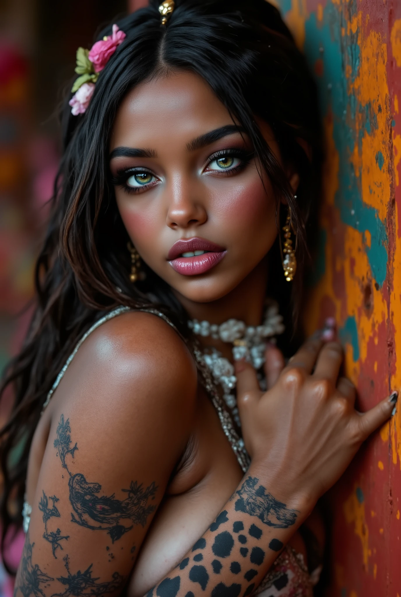 （ highdefinition images、Pro Work 、Artistic、 The Greatest Masterpiece、 Draw realistically and accurately with detailed details、 Detailed texture :1.2）、（ beautiful１7--old ck girl 、 beautiful編み込みの長い髪、colorful hair ornaments on the hair 、Sexy and attractive black people、The eye invites )、Small chin、 big eyes、 Feeling slightly apart between eyes 、（ big eyes）、 beautiful鼻、Thick lips、（漆黒の beautiful肌、 express the texture of the skin in detail down to the pores 、Leopard print tank top）、((Upper body seen from the side 、 vivid tattoos on shoulders and arms、Earrings that shine on the ears and nose 、 accessories)):1.5）
