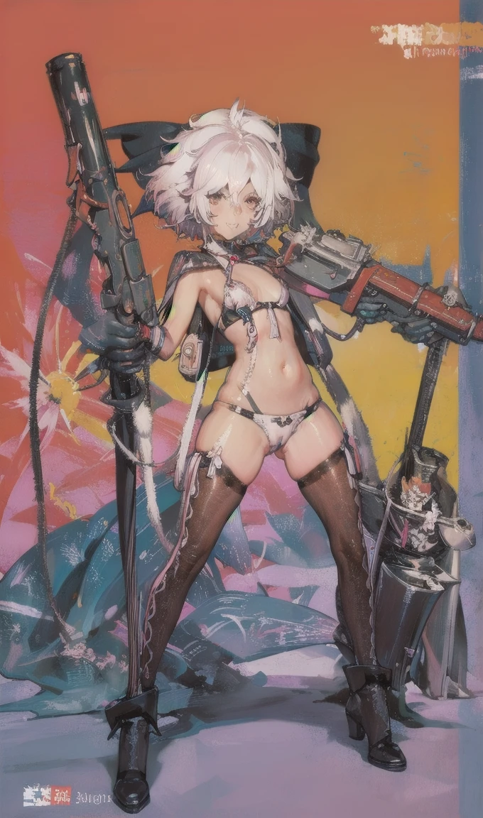 <lora:guiltygear_ramlethalvalentine-12:.8>, 1girl, solo, focus, ramlethal valentine, dark skin, dark-skinned female, white headwear, cape, short shorts, thigh strap, gloves, bandages, bandaged arm, bandaged leg, four-leaf clover, stomach, abs, upper body, (from below:1.2), foreshortening, evil smile, grin, <lora:GesugaoFaceV1:.8> gesugao face