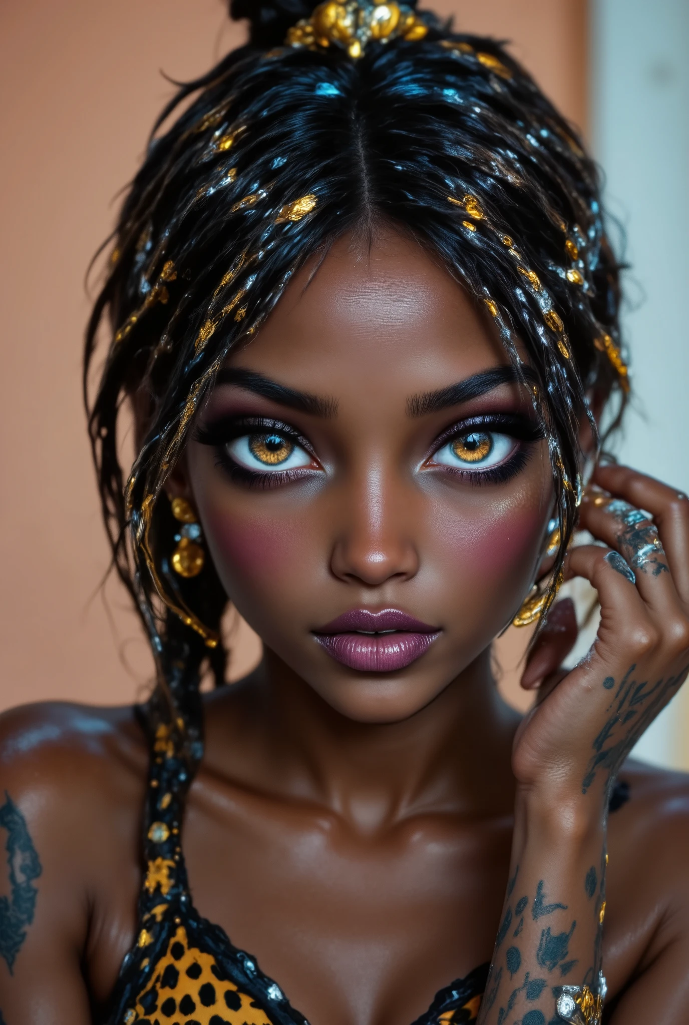 ( highdefinition images、Pro Work 、Artistic、 The Greatest Masterpiece、 Draw realistically and accurately with detailed details、 Detailed texture :1.2)、( beautiful17--old ck girl 、 beautiful編み込みの長い髪、colorful hair ornaments on the hair 、Sexy and attractive black people、The eye invites )、Small chin、 big eyes、 Feeling slightly apart between eyes 、( big eyes)、 beautiful鼻、Thick lips、(漆黒の beautiful肌、 express the texture of the skin in detail down to the pores 、Leopard print tank top)、((Upper body seen from the side 、 vivid tattoos on shoulders and arms、Earrings that shine on the ears and nose 、 accessories)):1.5)