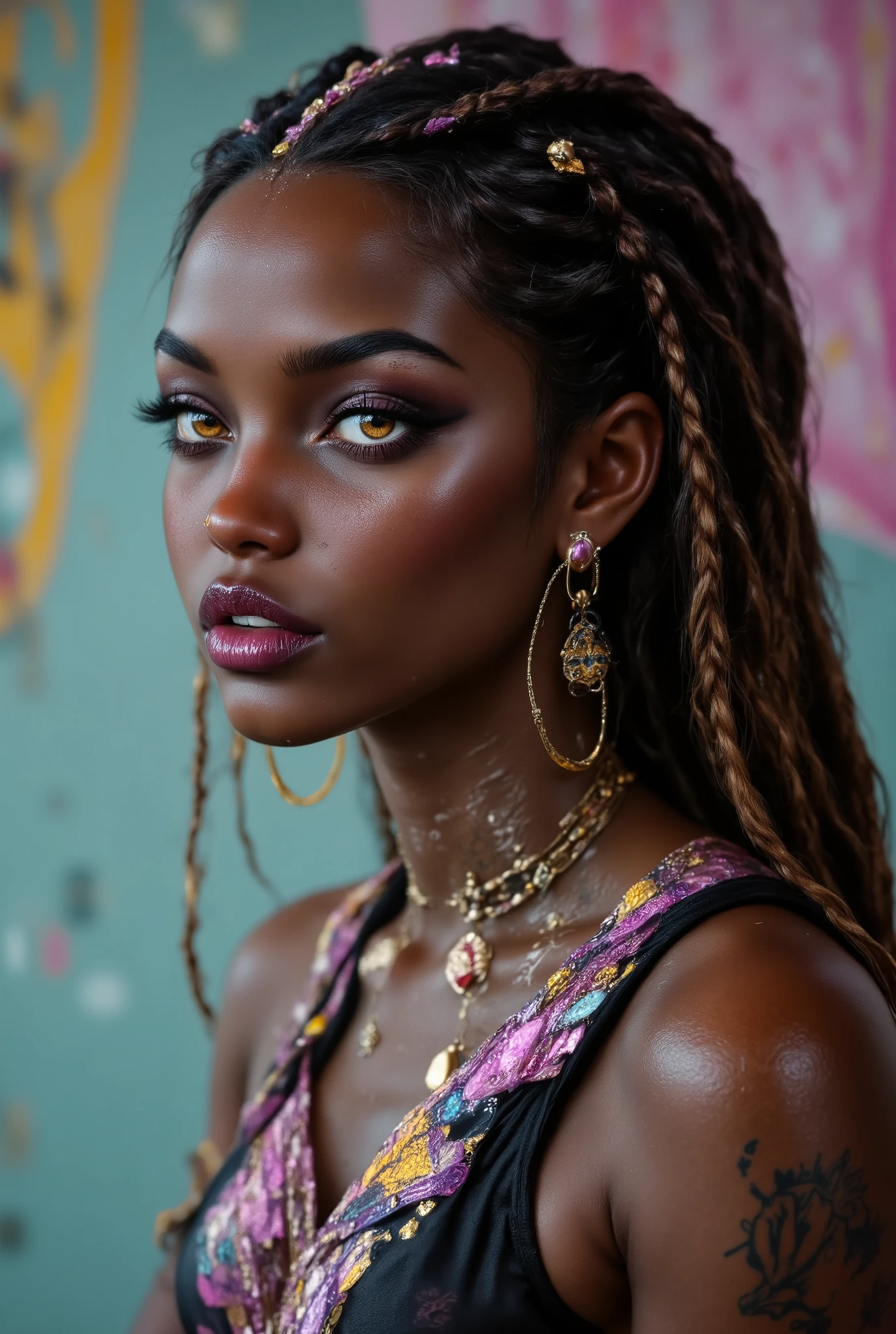 （ highdefinition images、Pro Work 、Artistic、 The Greatest Masterpiece、 Draw realistically and accurately with detailed details、 Detailed texture :1.2）、（ beautiful１7-year-old black girl 、 beautiful編み込みの長い髪、colorful hair ornaments on the hair 、Sexy and attractive black people、The eye invites )、Small chin、 big eyes、 Feeling slightly apart between eyes 、（ big eyes）、 beautiful鼻、Thick lips、（漆黒の beautiful肌、 express the texture of the skin in detail down to the pores 、Leopard print tank top）、((Upper body seen from the side 、 vivid tattoos on shoulders and arms、Earrings that shine on the ears and nose 、 accessories)):1.5）