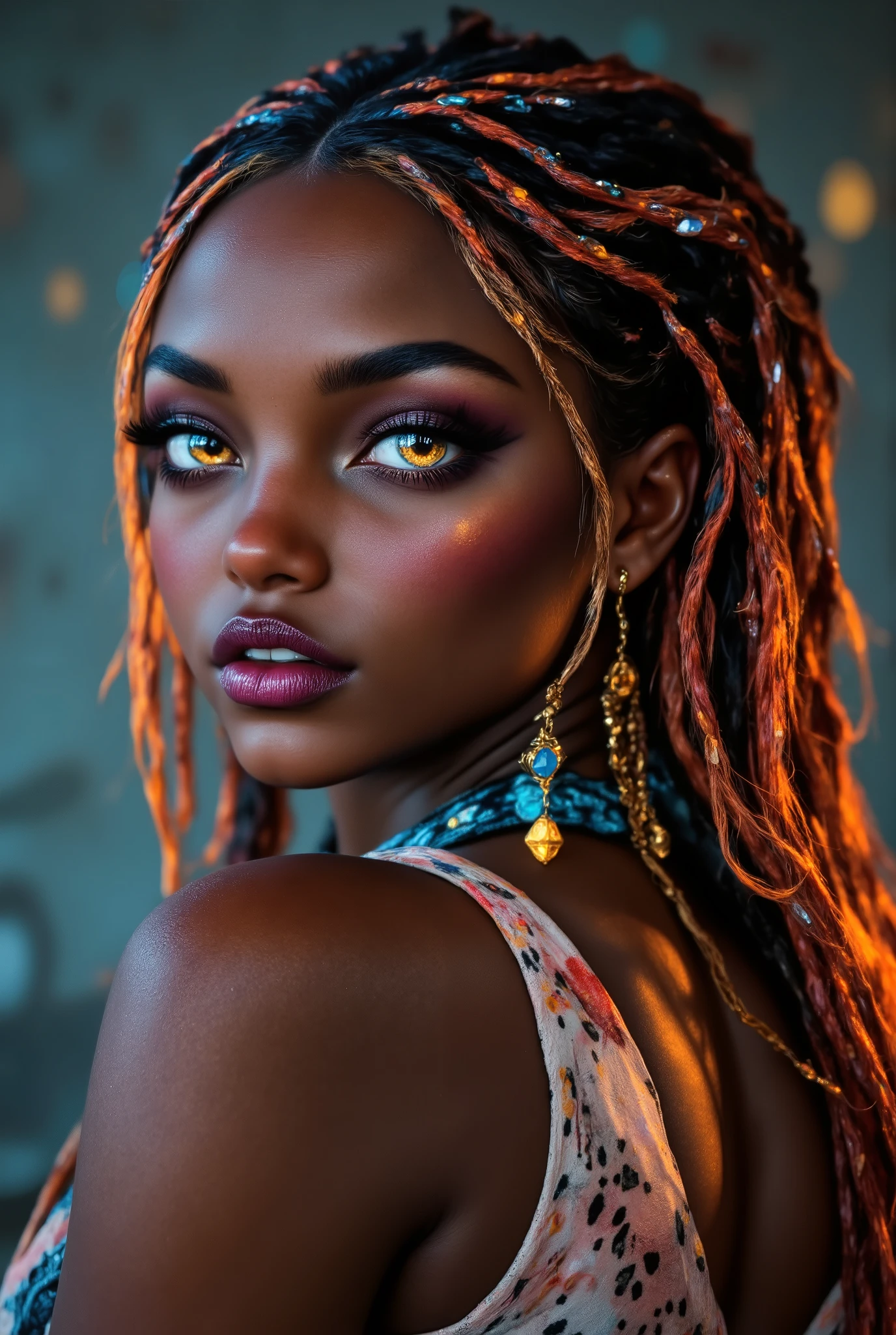 （ highdefinition images、Pro Work 、Artistic、 The Greatest Masterpiece、 Draw realistically and accurately with detailed details、 Detailed texture :1.2）、（ beautiful１7--old ck girl 、 beautiful編み込みの長い髪、colorful hair ornaments on the hair 、Sexy and attractive black people、The eye invites )、Small chin、 big eyes、 Feeling slightly apart between eyes 、（ big eyes）、 beautiful鼻、Thick lips、（漆黒の beautiful肌、 express the texture of the skin in detail down to the pores 、Leopard print tank top）、((Upper body seen from the side 、 vivid tattoos on shoulders and arms、Earrings that shine on the ears and nose 、 accessories)):1.5）