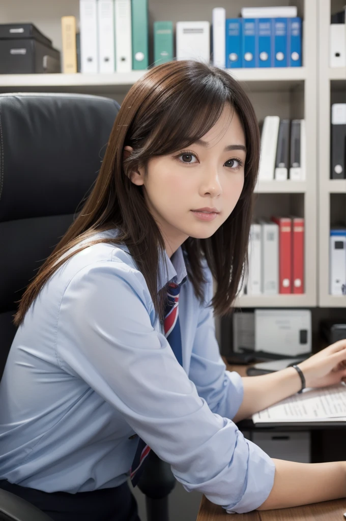 ((8K)、top-quality、masterpiece、超A high resolution:1.2)Photo Beautiful Japan woman、Elegance、There is a good、Transparent atmosphere、Beautiful face、Gradient lighting、1girl in、Delicate skin、Look into the distance、Brown-eyed、(short hair with bangs:1.2)、(breasts are large:1.0)、(realisitic:1.4)、(top-quality:1.0)、(超A high resolution:1.0)、8K、Raw photography、(masterpiece:0.2)、(pureerosface)、 Tight Business White Shirt、Light gray tie、Tight Y-shirt、The shirt、Tight silhouette、Light gray tie、Black pants、Business Fashion、Dark gray pants、The band is thin、want me、Take your eyes off、s Office、There are many computers lined up、suspenders、Lots of desks、Large office、total darkness、subject、Lean、Hang your employee ID card from your neck、Having a file、deep in the night、Ass big、Kinda chubby、chubby figure、Bangs shed to the side、Perfect hairstyle、Put your ears out、Elbows on the desk、Sit up、cross one's legs、sit a chair、From elbow to elbow with one elbow、Leaning on the desk、Laugh、smil、