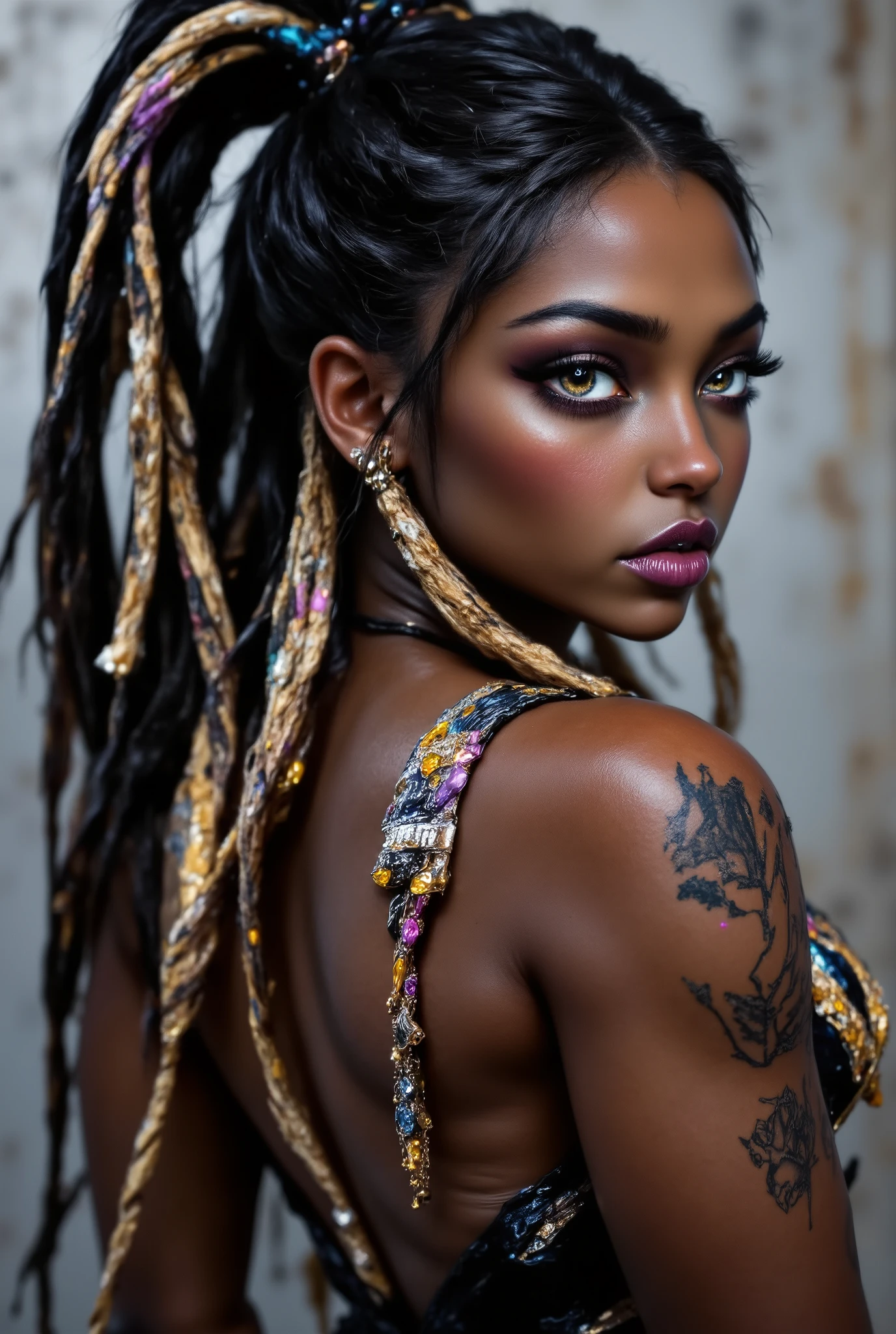 （ highdefinition images、Pro Work 、Artistic、 The Greatest Masterpiece、 Draw realistically and accurately with detailed details、 Detailed texture :1.2）、（ beautiful１7--old ck girl 、 beautiful編み込みの長い髪、colorful hair ornaments on the hair 、Sexy and attractive black people、The eye invites )、Small chin、 big eyes、 Feeling slightly apart between eyes 、（ big eyes）、 beautiful鼻、Thick lips、（漆黒の beautiful肌、 express the texture of the skin in detail down to the pores 、Leopard print tank top）、((Upper body seen from the side 、 vivid tattoos on shoulders and arms、Earrings that shine on the ears and nose 、 accessories)):1.5）