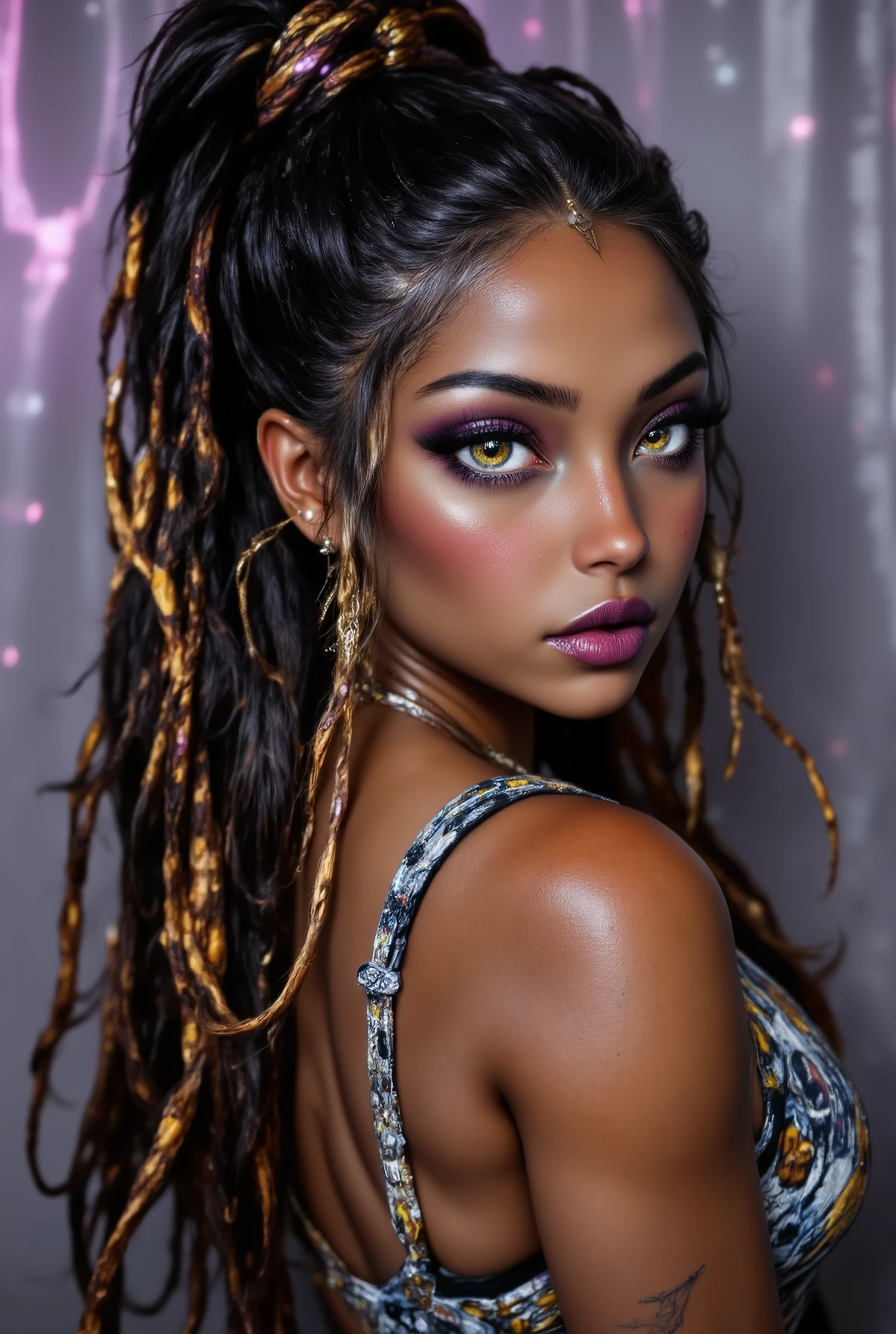 ( highdefinition images、Pro Work 、Artistic、 The Greatest Masterpiece、 Draw realistically and accurately with detailed details、 Detailed texture :1.2)、( beautiful17--old ck girl 、 beautiful編み込みの長い髪、colorful hair ornaments on the hair 、Sexy and attractive black people、The eye invites )、Small chin、 big eyes、 Feeling slightly apart between eyes 、( big eyes)、 beautiful鼻、Thick lips、(漆黒の beautiful肌、 express the texture of the skin in detail down to the pores 、Leopard print tank top)、((Upper body seen from the side 、 vivid tattoos on shoulders and arms、Earrings that shine on the ears and nose 、 accessories)):1.5)