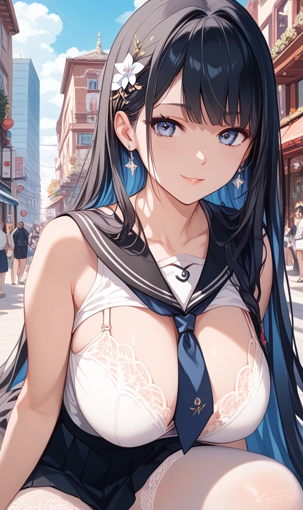 1womanl,Black hair,14years ,(()),Beautiful breasts,(((sexy white and blue shiny cheongsam)))(())(((Blushing cheeks、Smile with open mouth)),(((Satin Narico))),((( portlate))),(,Crowds