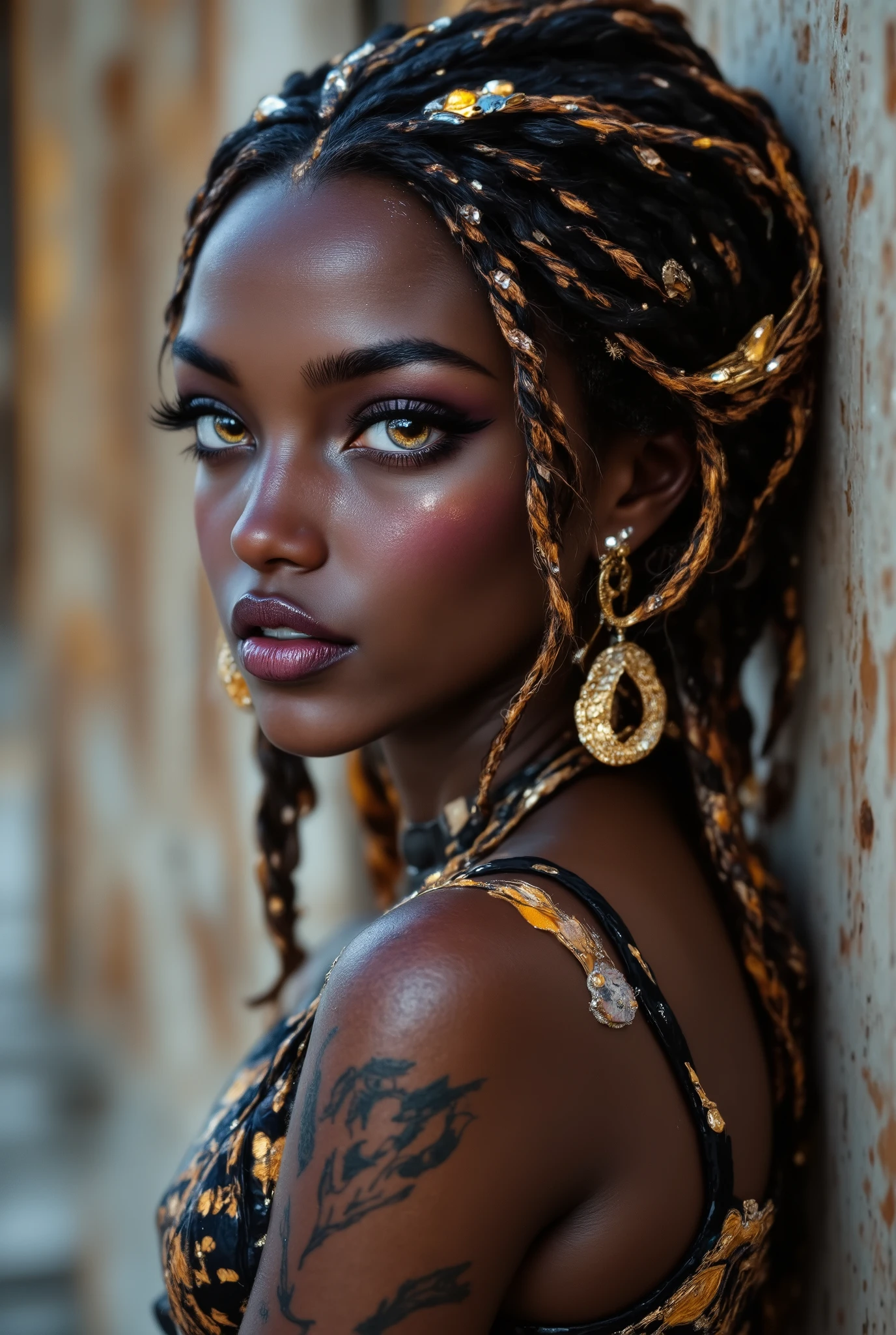 （ highdefinition images、Pro Work 、Artistic、 The Greatest Masterpiece、 Draw realistically and accurately with detailed details、 Detailed texture :1.2）、（ beautiful１7--old ck girl 、 beautiful編み込みの長い髪、colorful hair ornaments on the hair 、Sexy and attractive black people、The eye invites )、Small chin、 big eyes、 Feeling slightly apart between eyes 、（ big eyes）、 beautiful鼻、Thick lips、（漆黒の beautiful肌、 express the texture of the skin in detail down to the pores 、Leopard print tank top）、((Upper body seen from the side 、 vivid tattoos on shoulders and arms、Earrings that shine on the ears and nose 、 accessories)):1.5）