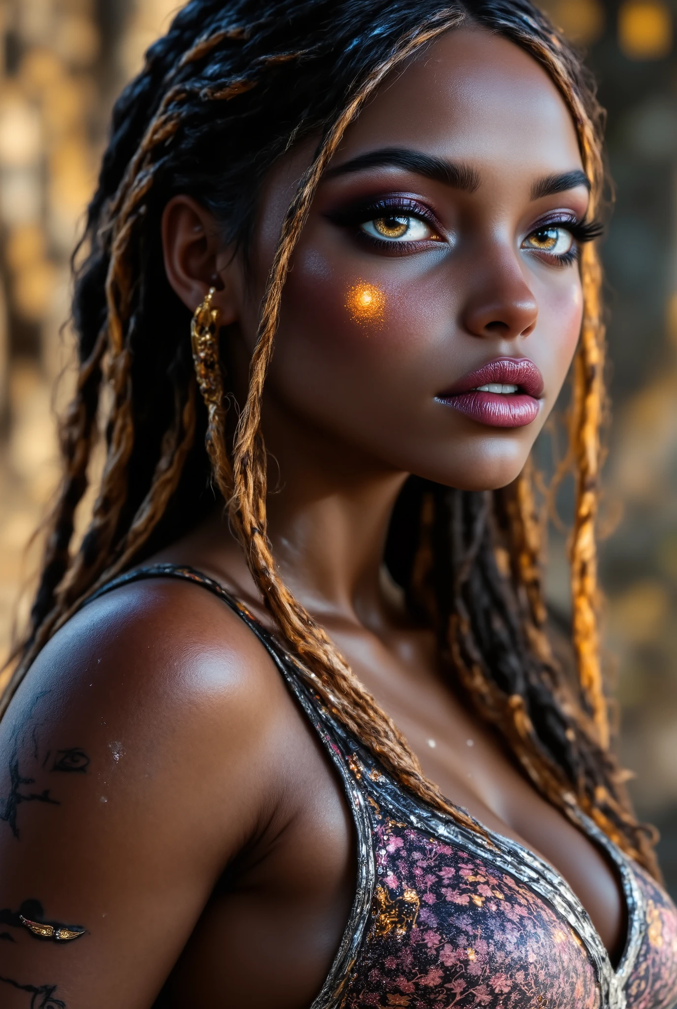 ( highdefinition images、Pro Work 、Artistic、 The Greatest Masterpiece、 Draw realistically and accurately with detailed details、 Detailed texture :1.2)、( beautiful17--old ck girl 、 beautiful編み込みの長い髪、colorful hair ornaments on the hair 、Sexy and attractive black people、The eye invites )、Small chin、 big eyes、 Feeling slightly apart between eyes 、( big eyes)、 beautiful鼻、Thick lips、(漆黒の beautiful肌、 express the texture of the skin in detail down to the pores 、Leopard print tank top)、((Upper body seen from the side 、 vivid tattoos on shoulders and arms、Earrings that shine on the ears and nose 、 accessories)):1.5)