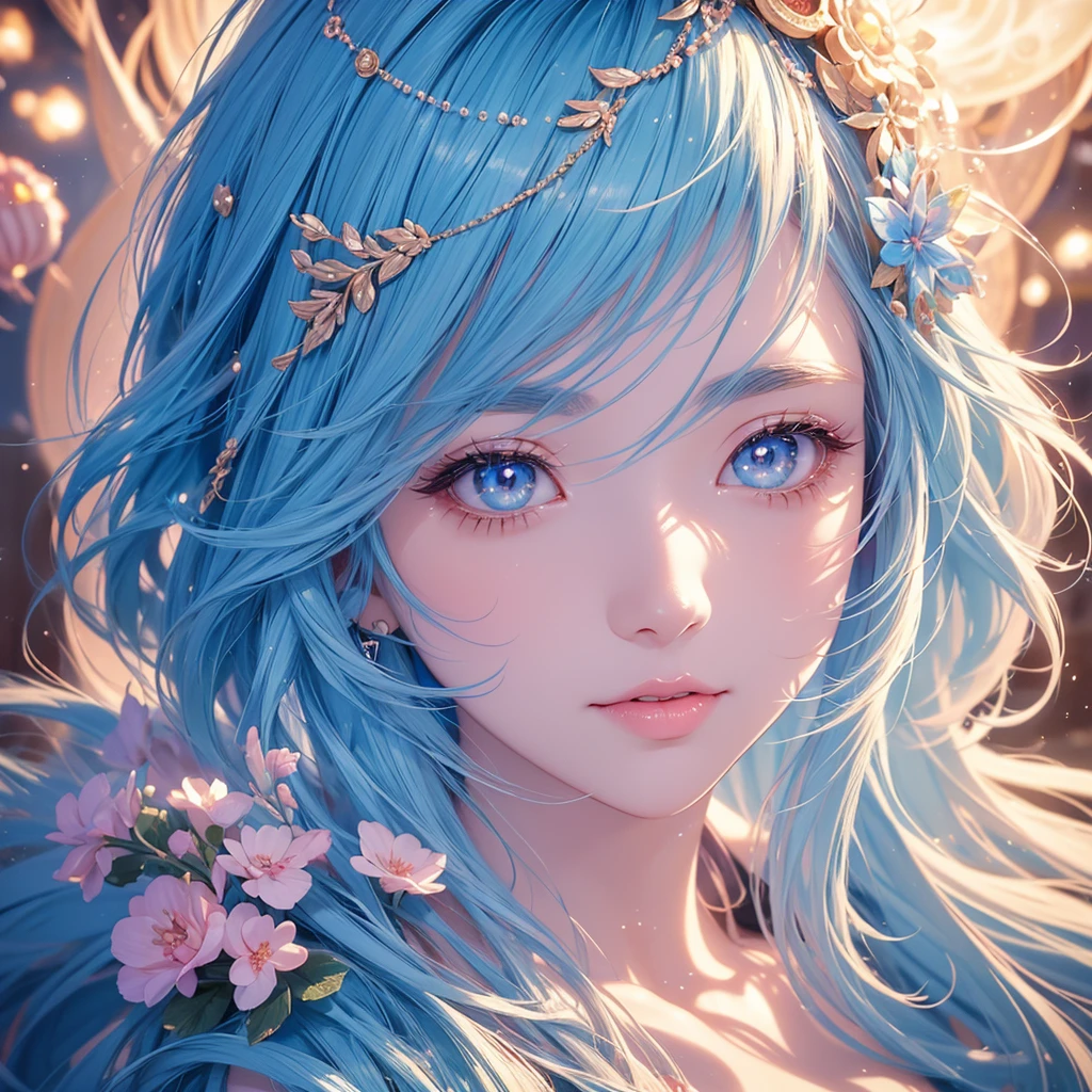 masterpiece), (best quality), (ultra-fine), (pan hair), (illustration), (1 girl), (fashion clothing), standing, fashion model, looking at the audience, (interview), (background forest), beautiful delicate eyes, delicate beauty, floating, (high saturation), (colorful splashes), colorful bubbles, (shiny), (full body) (beautiful figure), focus on face, ponytail, upper lining, light blue hair, bangs, hair ring, floating flowers, flowing hair, (shiny), Best lighting, best shadows, vistas, in the forest, with pets