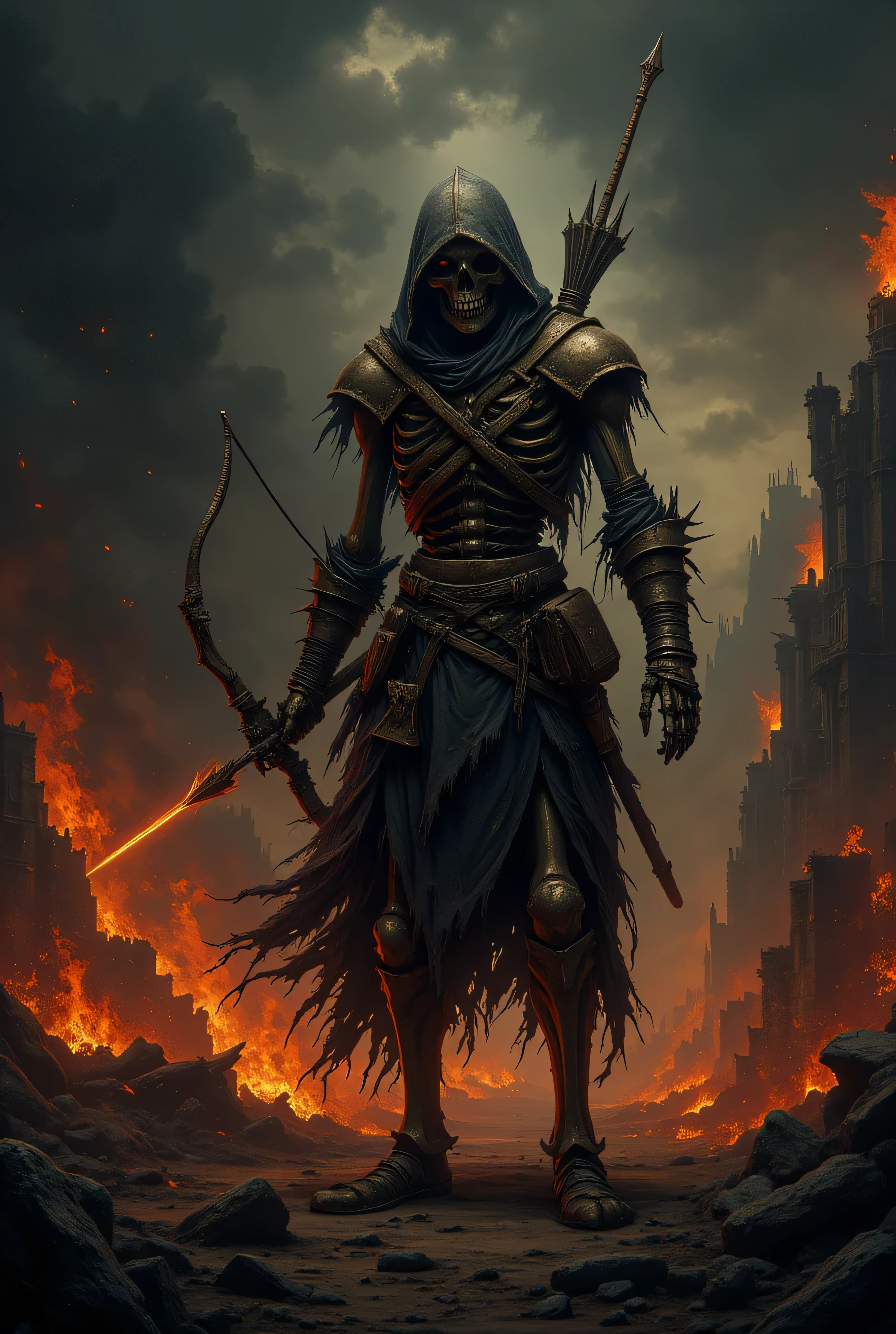 A high-resolution, dramatic portrait of a skeletal warrior, clad in tattered, standing amidst a desolate, war-torn landscape engulfed in flames. The skeleton grasps a worn, wooden bow, with a tautly drawn arrow, ready to release. The arrow is illuminated, contrasting with the dark, dark background. Flames, casting flickering shadows on the ruins behind. The atmosphere is bleak and dark, with an intense hopeless feeling. The image should exude a sense of professionalism, with meticulous attention to detail and textures.