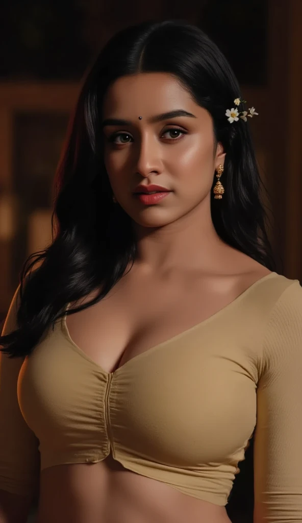 An Indian woman nude sex with warm brown skin stands in a dimly lit room, wrapped in a single piece of soft, flowing cloth that drapes loosely around her body. The fabric gently hugs her curves, leaving her shoulders and legs exposed. Her thick hair is styled in loose waves with delicate white flowers tucked in, and the room is illuminated by soft, cinematic lighting that highlights the contours of her form and the texture of the cloth