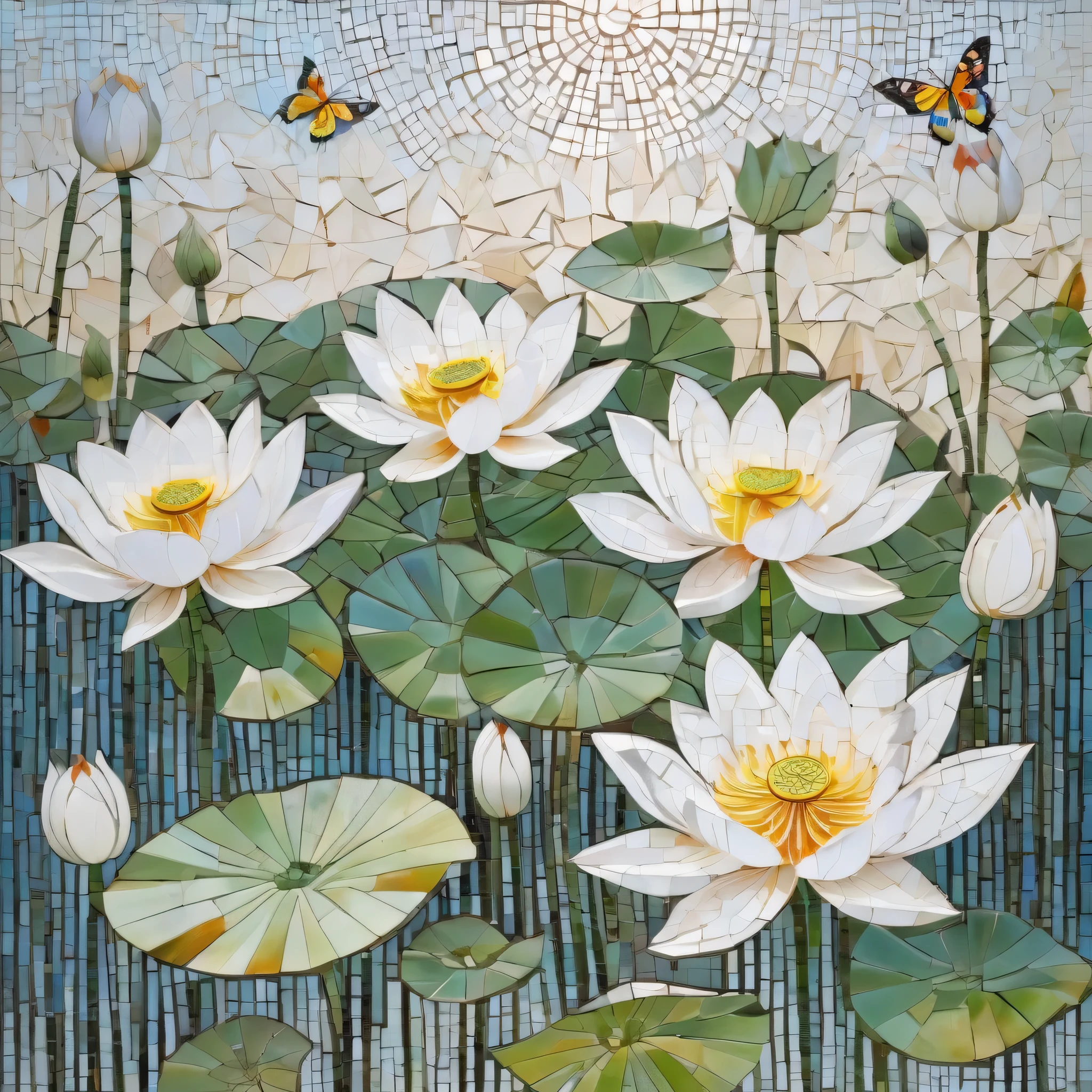 white background, Many white lotus flowers , A few leaves, Butterflies flying, mosaics radiate : 1.2, Facing the sun: 0.8, like shards of glass to transfer warmth and energy to the space: 0. sparkle and fly , Clean.