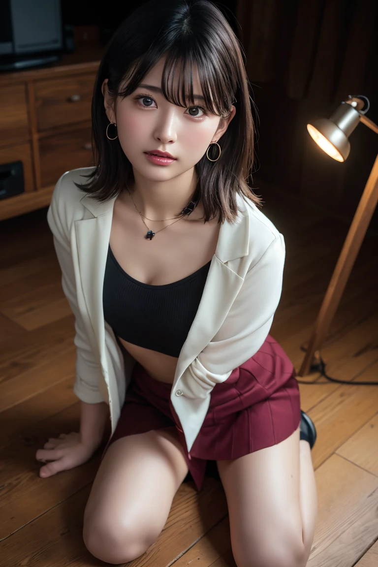 ((8k, RAW photos, top quality, masterpieces), high-definition RAW color photos professional close-up photos, (realistic, photorealism: 1.37), (highest quality), (best shadows), (best illustrations), collarbones ((big)), ((erotic, sexy, ultra high resolution, high-definition CG unified 8K wallpapers, physically based rendering, movie lighting), (aegyo sal:1), 18 year old girl, (grey blazer, ribbon, socks, high school uniform: 1.2), high school classroom, beautiful detail eyes, light on the face, ((full body shot: 1.2)), especially strong light, (upper eyes, grinning smile:1.2),shiny skin, (((black hair, bob hair:1.2))), ( thick thighs), ulzzang-6500-v1.1:0.2, shy, (flash:1.2), NSFW , (puffy), ((seductive posture: 1.2, attractive: 1.2)), (idle), (sitting at a desk in classroom: 1.2)), ((good anatomy: 1.2)), ((bright and refreshing classroom, background blurred: 1.2)), perfect face, cute face, (high angle shot:1.2)