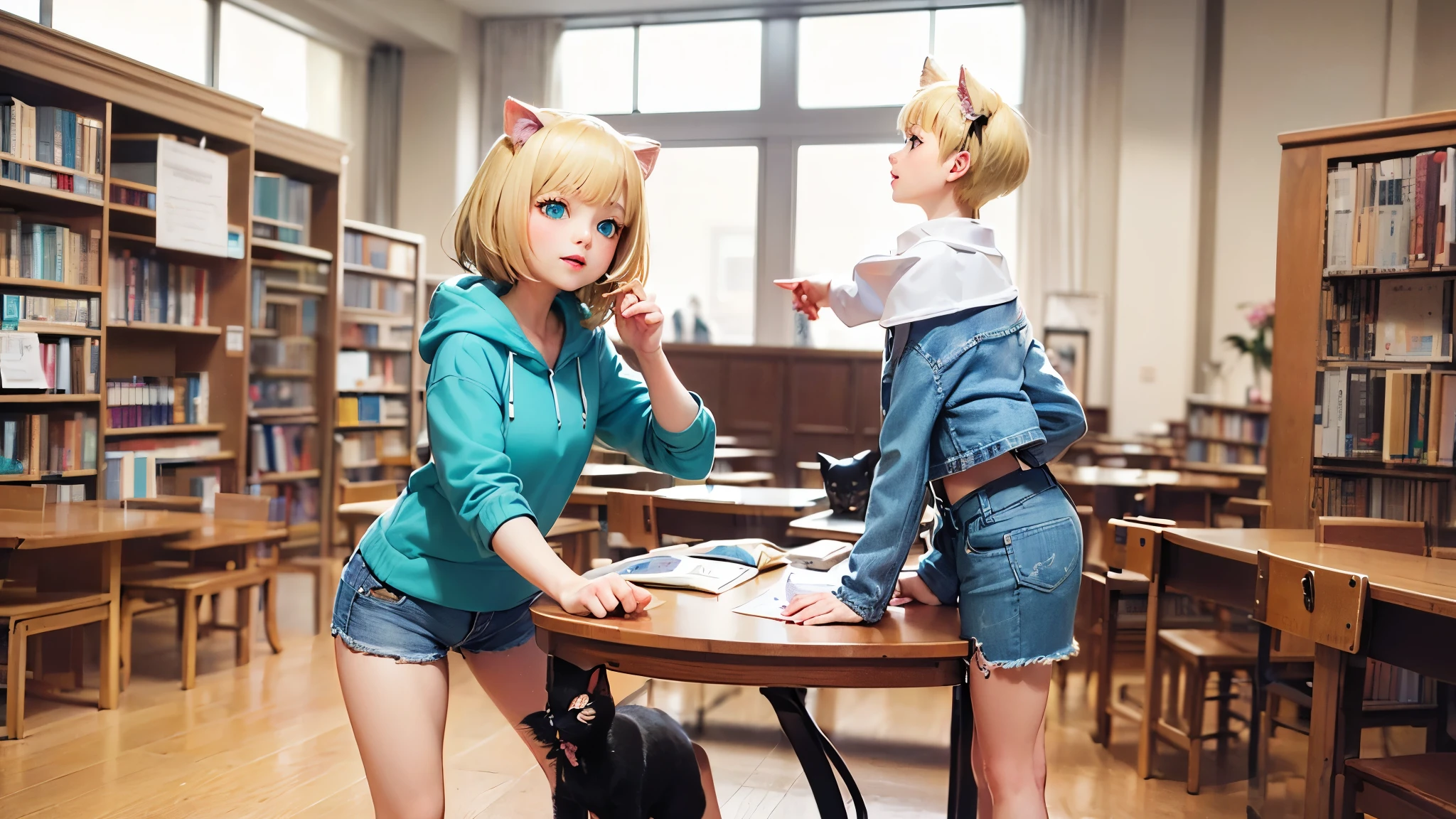  ( short hair:1.5)、( blonde hair:1.6)、(blonde cat ears :1.5)、(turquoise eyes:1.5)、( pink hoodie 1.6)、( denim hotpants :1.5)、( black sneakers :1.3)、The bangs are straight 、((anime:1.4,figure)),(masterpiece, Highest quality, Highest quality),(Super detailed, The absolute solution),((16k, High resolution)), (((girl, study at the library, aibo, null, Cumulonimbus)) ), (masterpiece, Highest quality, Highest quality),(Super detailed, The absolute solution),((16k, High resolution)) break {lofi art  , Laurie Griesley's style, Makoto Shinkai&#39;s Style, anime aesthetic}, break { (Generates images with over 40 million pixels of information with the detailed texture of films shot with Sony SLR cameras。).}
