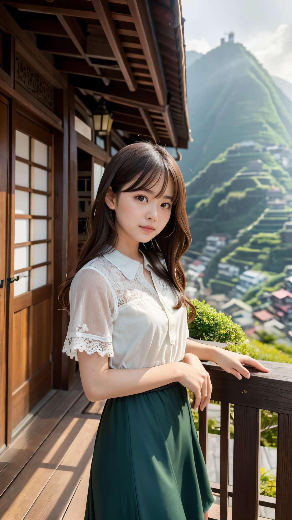 A beautiful, delicate Japanese girl (delicate girl:1.3), wearing spring clothes (spring clothes:1.3), with very fine and symmetrical brown eyes (symmetrical eyes:1.3). She has perfectly shaped and anatomically correct fingers, small breasts, long brown hair with parted bangs, and a detailed face (Eye and face details:1.0). She is wearing a chiffon blouse and an A-line skirt. The framing captures her from the waist up, showcasing her delicate and graceful pose as she stands on a scenic observation deck.
The scene is set in Jiufen, a historic mountain town in Taiwan. She is standing on the wooden observation platform, surrounded by tourists who are admiring the breathtaking view. The background reveals a panoramic vista of Jiufen’s terraced houses, narrow alleyways, and the iconic A-Mei Tea House, perched on the hillside. Beyond, misty green mountains roll down toward the ocean under an overcast, cloudy sky. The wet wooden deck reflects the soft glow of lanterns and shop lights, enhancing the serene and atmospheric ambiance.
The image is ultra-high resolution (8K), with masterpiece-level quality, ultra-fine details, and vivid textures. The composition balances the elegance and beauty of the girl with the expansive, cultural richness of Jiufen’s iconic landscape, focusing on her expression and the scenic charm of the historic town.