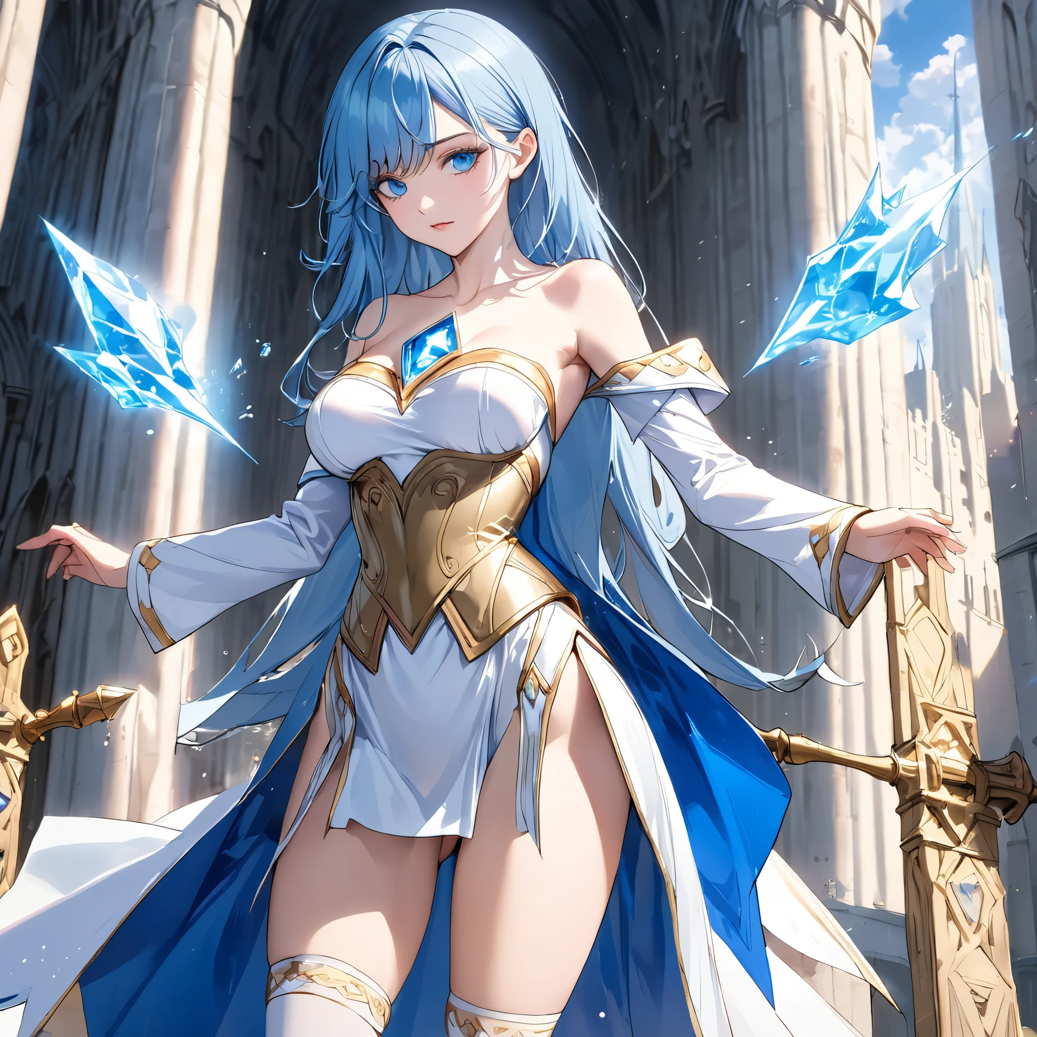 (masterpiece), best quality, realistic lighting, HDR, ultra high quality, 4K, ray tracing, unreal engine, solo, 1girl, full body, expressive eyes, perfect face, bright blue hair, ((bright red eyes)), ice queen expression, young girl, aggresive eyes, serious face, medium breast, thighs, see through blue dress, crystal clear blue dress, ((transparent panties see through skirt)), ((blue short skirt)), crystal clear short skirt, (golden shoulders armor), golden boots, golden armor, ice sword, ice wand, royal palace, snow and windy battlefield, throne in the background, army behind, knight behind, depth of field effect, snow castle