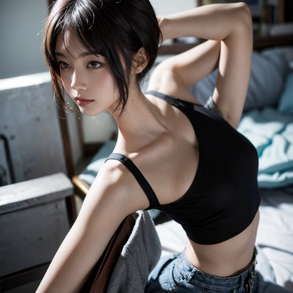 top Quority，ultra-clear resolution，Clear eyes，plain face，face perfect，White skin，perfect chest，With perfect legs，Long legs，large full breasts、Putting out the belly button、Light white underwear shirt、Squatting、low rise jeans、Take off your jeans、Enhances pubic area、Facing the front、Open legs、posterior view、Skinny jeans in very dark colors，Indigo Jeans、Panties protruding from jeans、Random environment