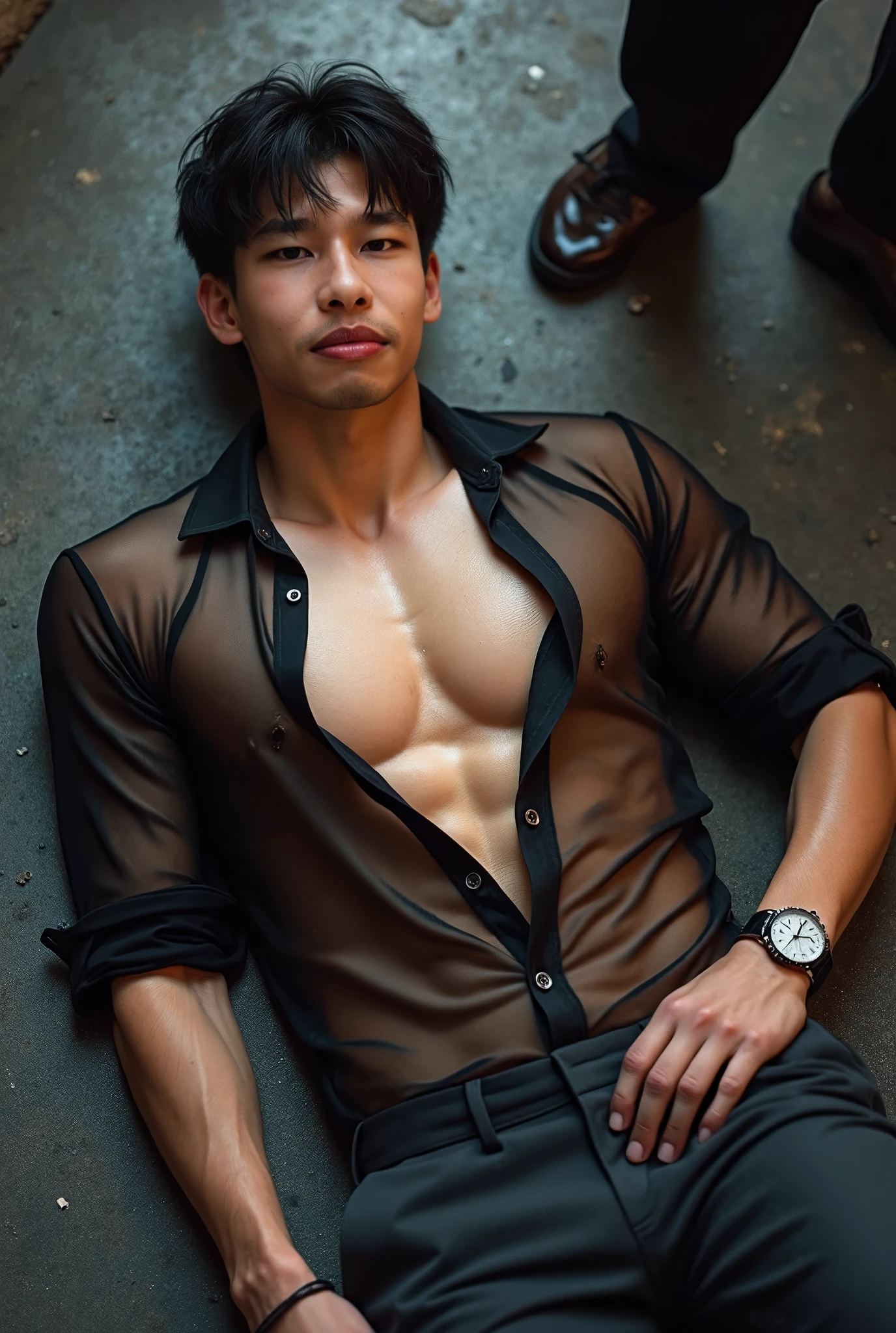 A handsome korean boy with 8 six pack wearing a open black shirt and a miltary style underwear in  a car