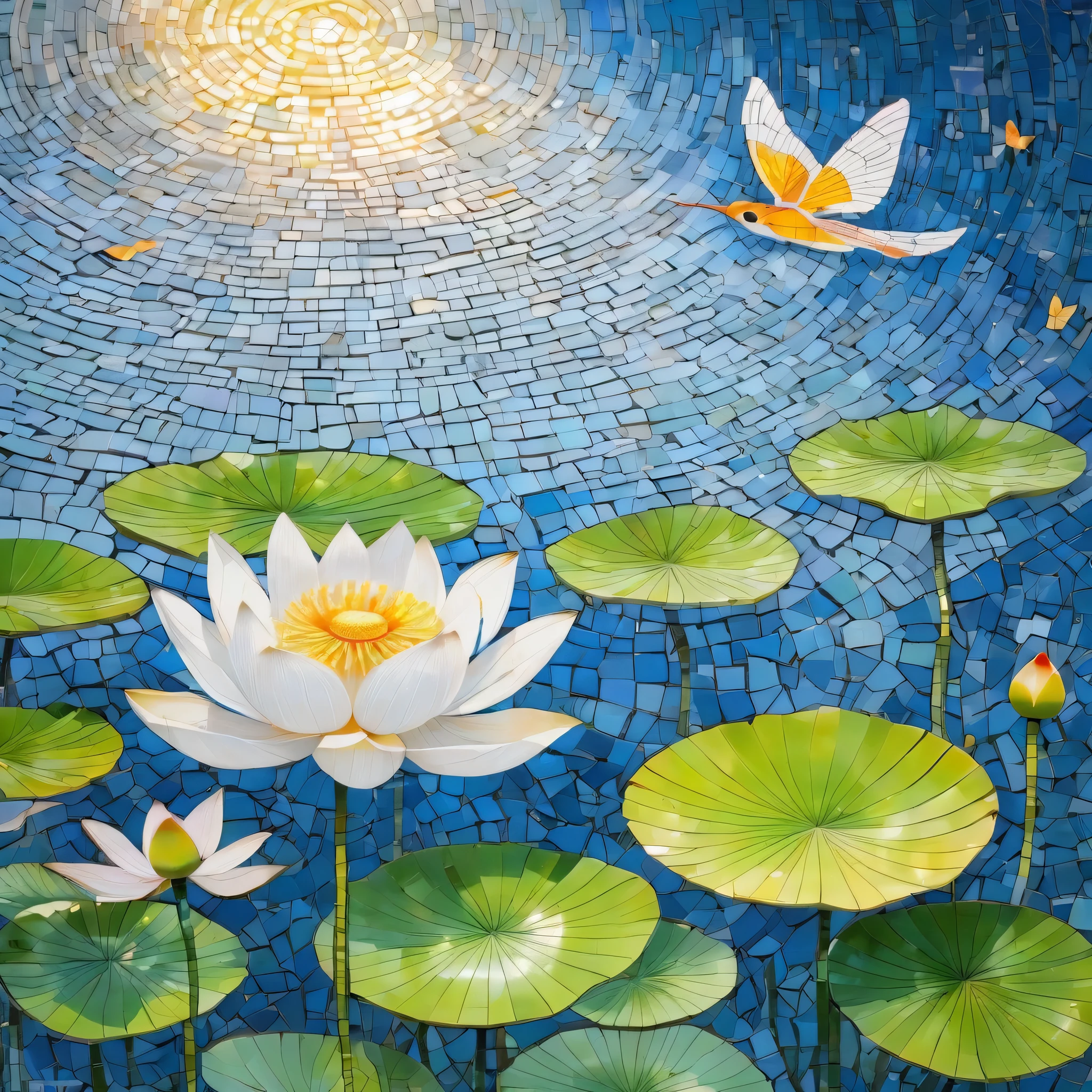 white background, Hakuren, Lotus Leaf, Swimming fish, flying butterfly , mosaics radiate : 1.2, Facing the sun: 0.8, Like a piece of glass that transmits warmth and energy to a space: 0. sparkle and fly , Clean.